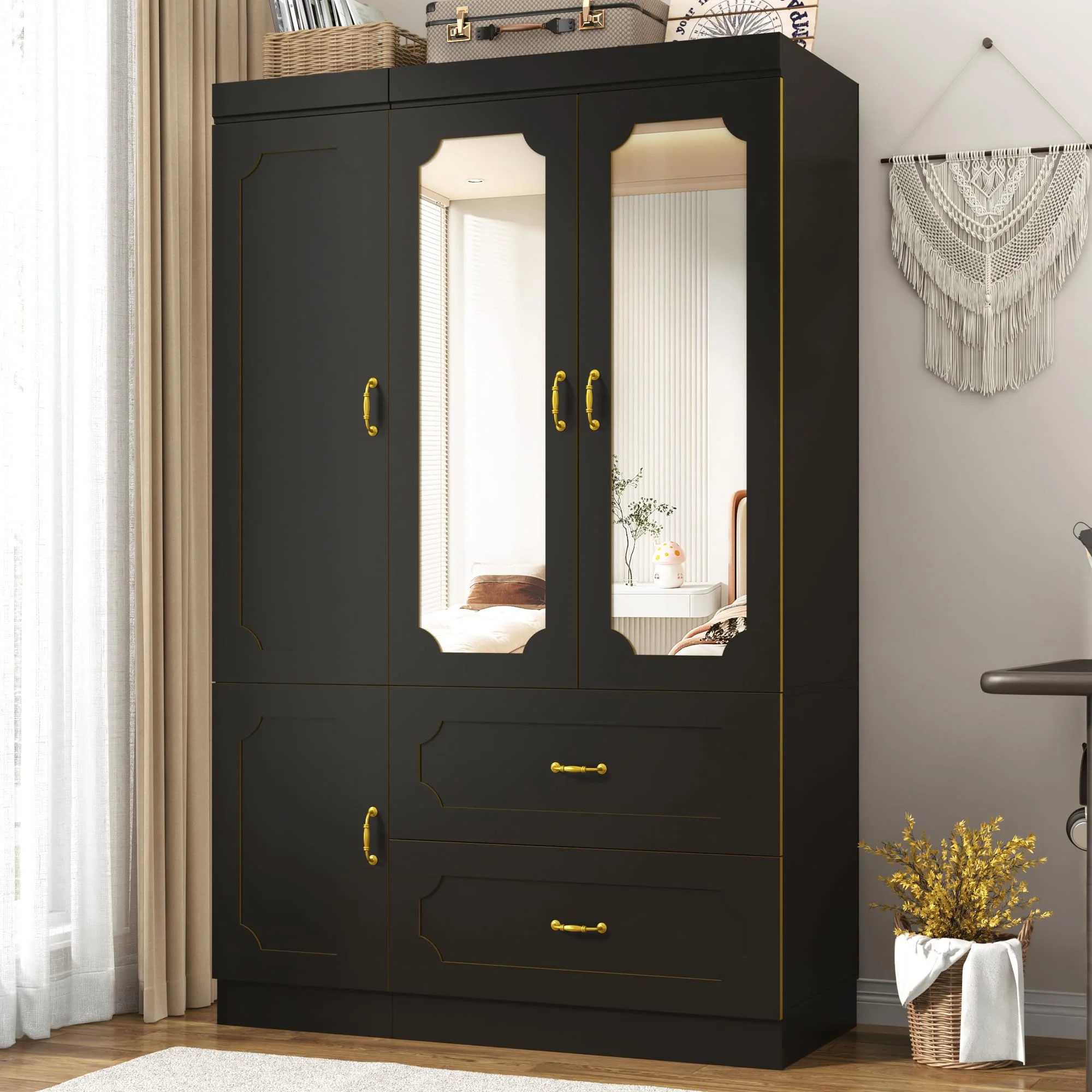 75"H 3 Doors Armoire Wardrobe Closet with Mirror and LED Lights, LED Clothing Storage Cabinet with Hanging Rod and Drawers, Modern Wooden Wardrobe Cabinet for Bedroom