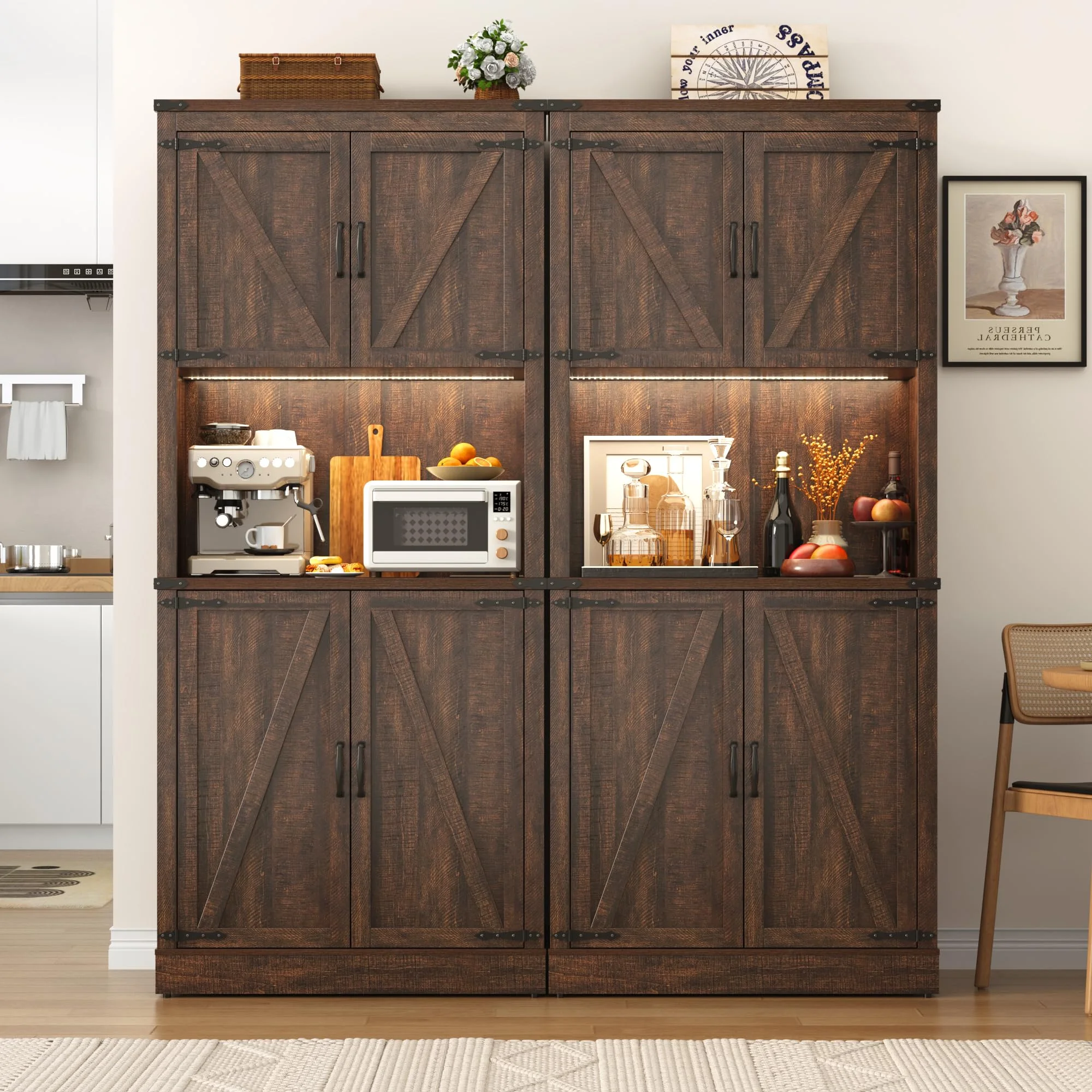 72"Tall Farmhouse Kitchen Pantry Cabinet with 10 Side Shelves and LED Light&Power Outlet,5 Layers Pantry Storage Cabinet with Barn Doors&Load-Bearing Steel Pipe for Dining Room,Living Room