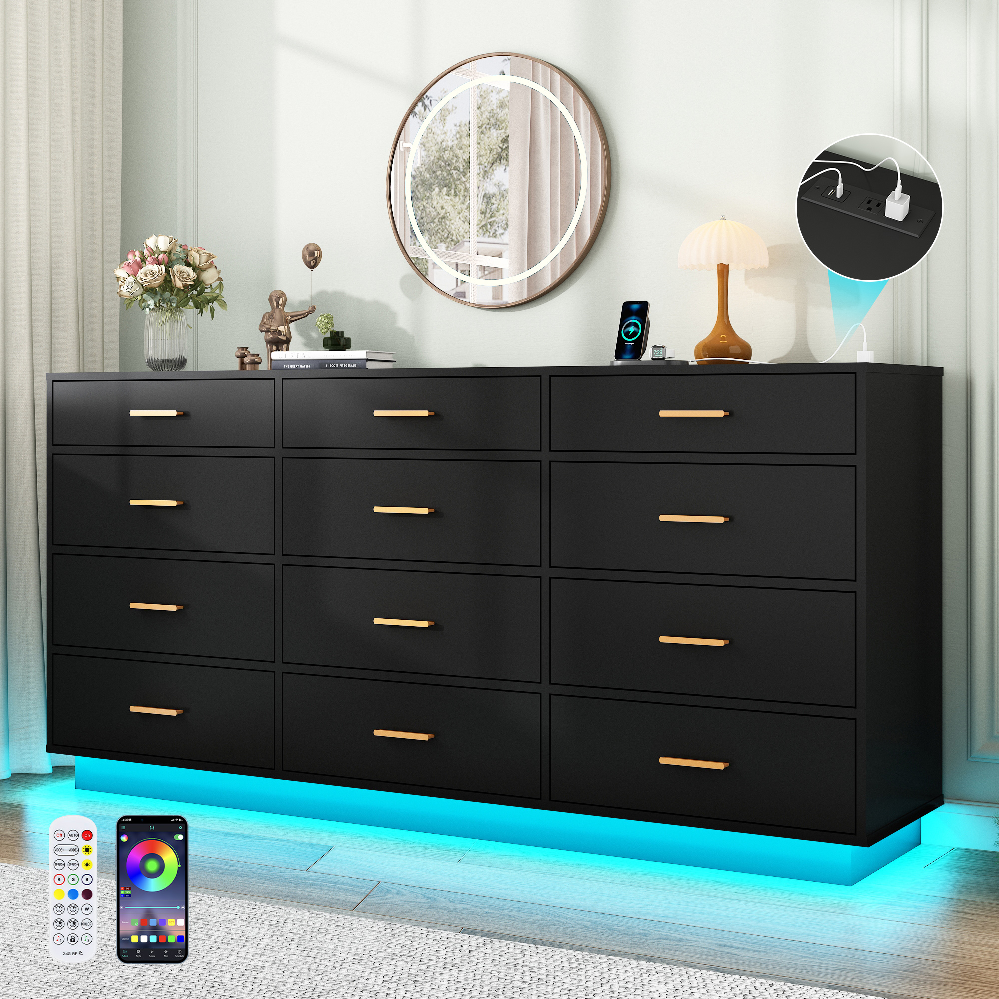 Blotout 12 Drawers Dresser w/Power Outlet, 60000 Colors Lights, 63''Long Wooden Dresser Chest w/Anti-toppling Design, Metal Handles Dresser for Living Room, Hallway, Entryway, Bedroom