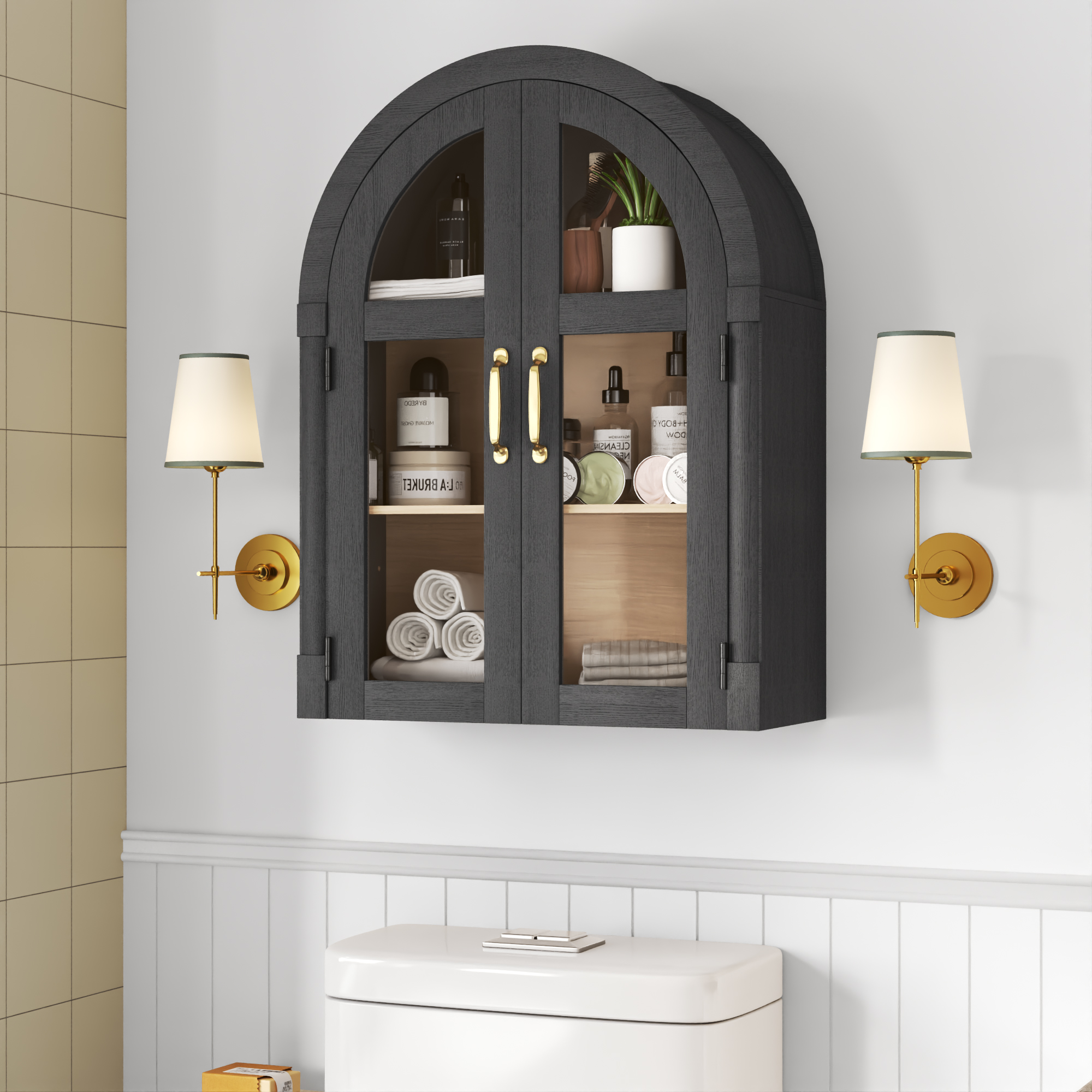 Arched Wall Cabinet with Glass Door, 23.6'' Bathroom Over the Toilet Storage Cabinet with Adjustable Shelf, Space-Saving, Roman Column Design, Wall Mounted Cabinet for Laundry, Kitchen