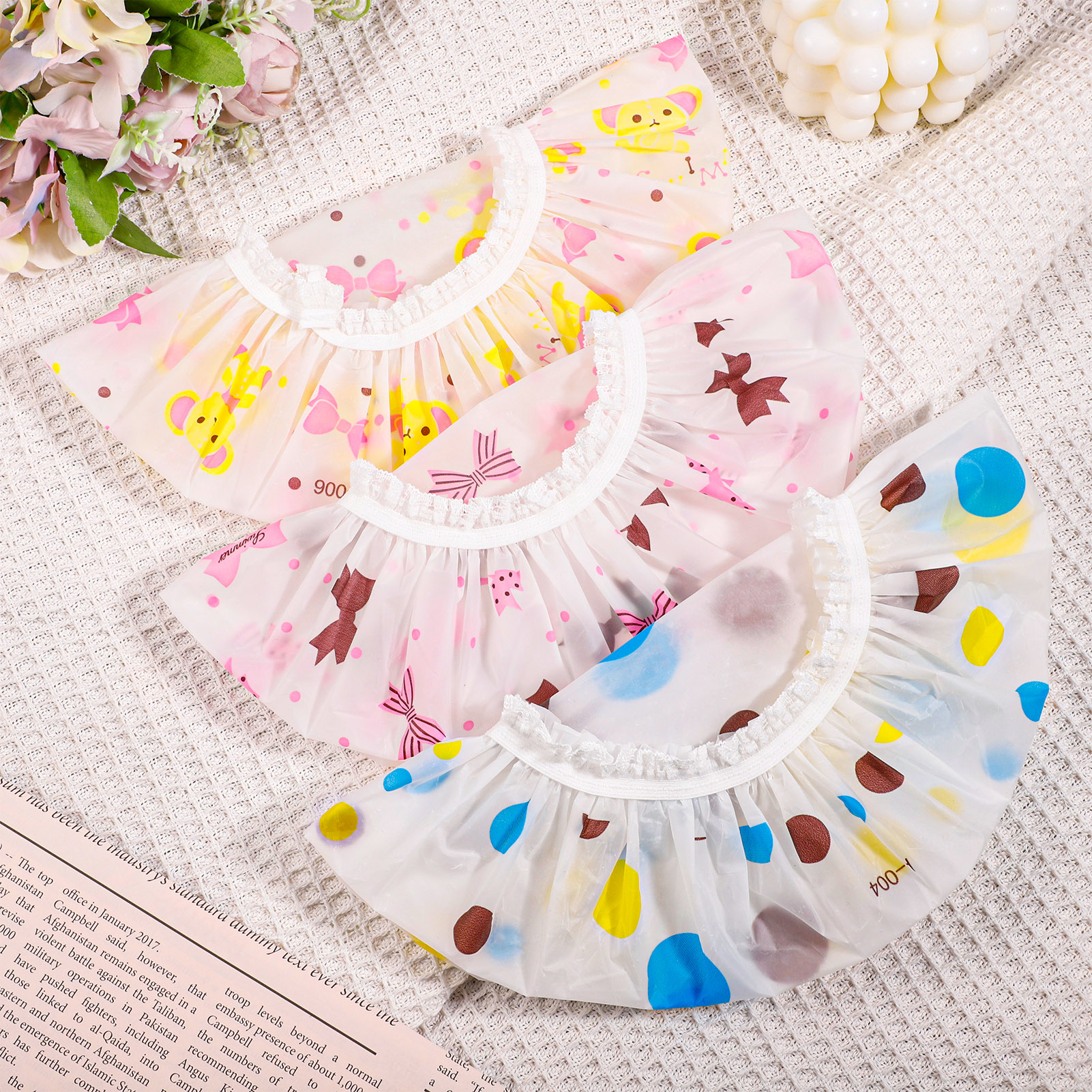 Taihexin 3 Pcs Shower Cap for Women, Waterproof Bath Caps, EVA Reusable Shower Caps, Elastic Band Bath Hair Hat, Double Protection Layers Elastic, Medium Size