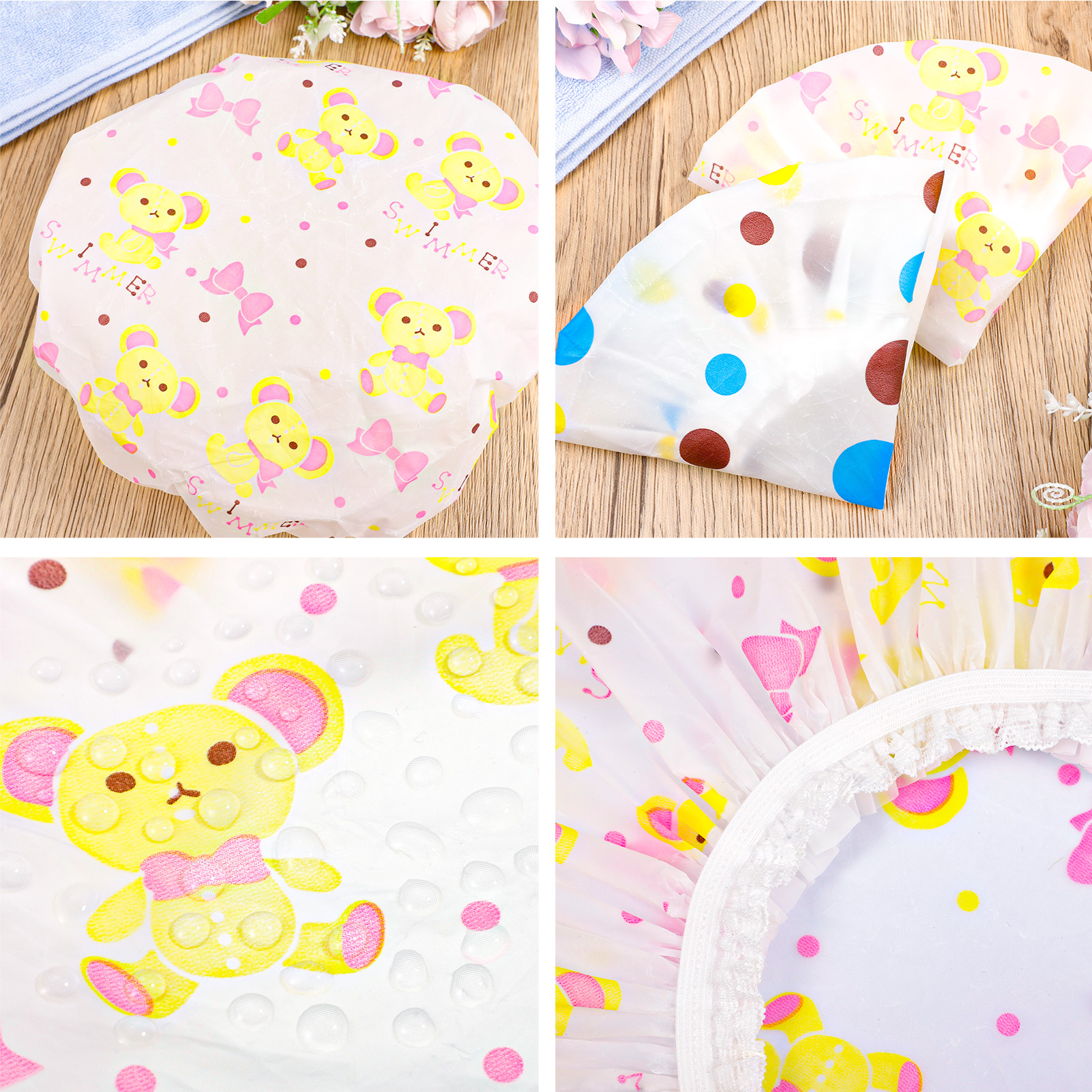 Taihexin 3 Pcs Shower Cap for Women, Waterproof Bath Caps, EVA Reusable Shower Caps, Elastic Band Bath Hair Hat, Double Protection Layers Elastic, Medium Size