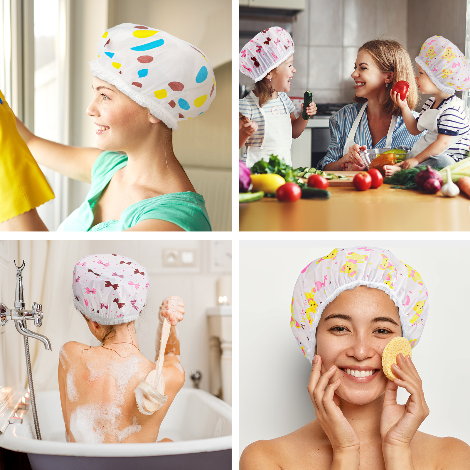 Taihexin 3 Pcs Shower Cap for Women, Waterproof Bath Caps, EVA Reusable Shower Caps, Elastic Band Bath Hair Hat, Double Protection Layers Elastic, Medium Size