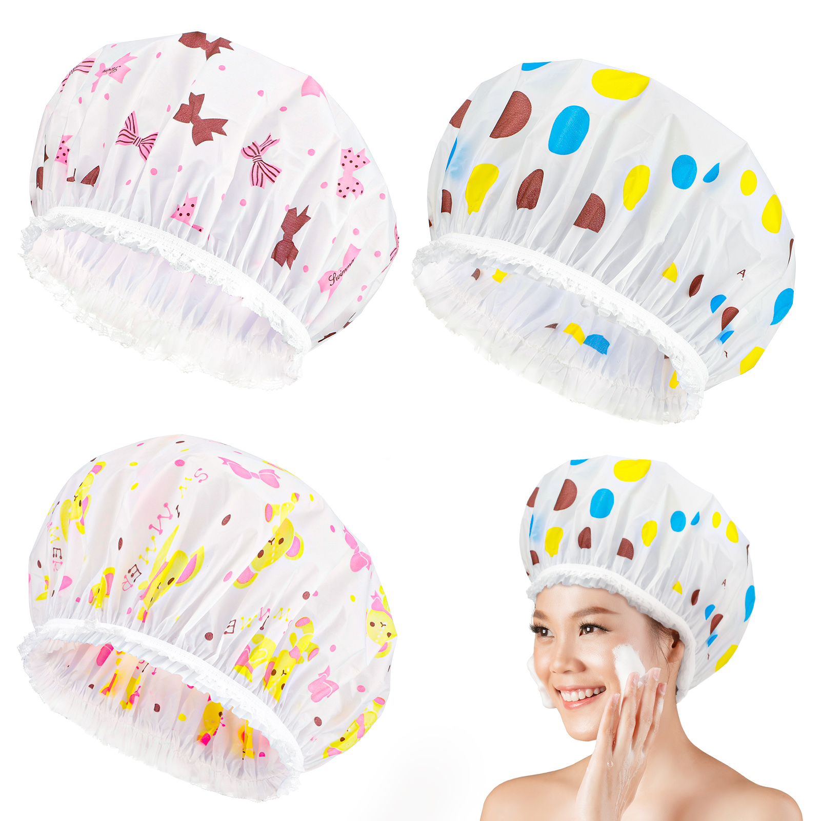 Taihexin 3 Pcs Shower Cap for Women, Waterproof Bath Caps, EVA Reusable Shower Caps, Elastic Band Bath Hair Hat, Double Protection Layers Elastic, Medium Size