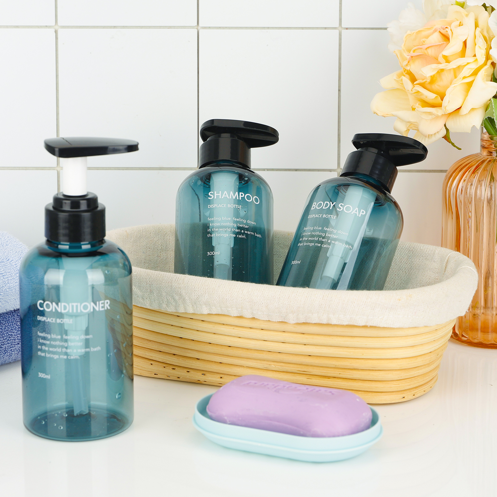 Abaima 3 Pack Shampoo Pump Bottle,10oz/300ml Empty Refillable Shower Bottle,Plastic Reusable Squeeze Lotion Dispenser for Shampoo and Conditioner(Blue)