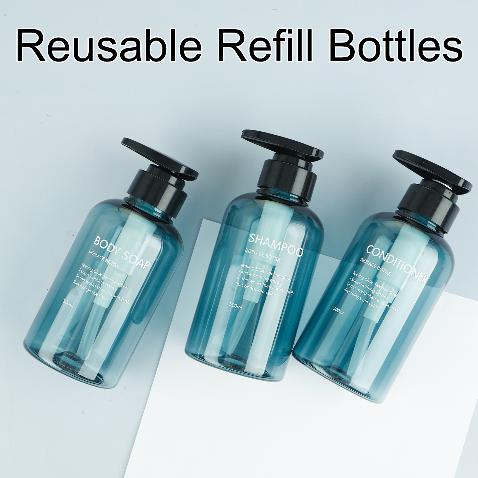 Abaima 3 Pack Shampoo Pump Bottle,10oz/300ml Empty Refillable Shower Bottle,Plastic Reusable Squeeze Lotion Dispenser for Shampoo and Conditioner(Blue)