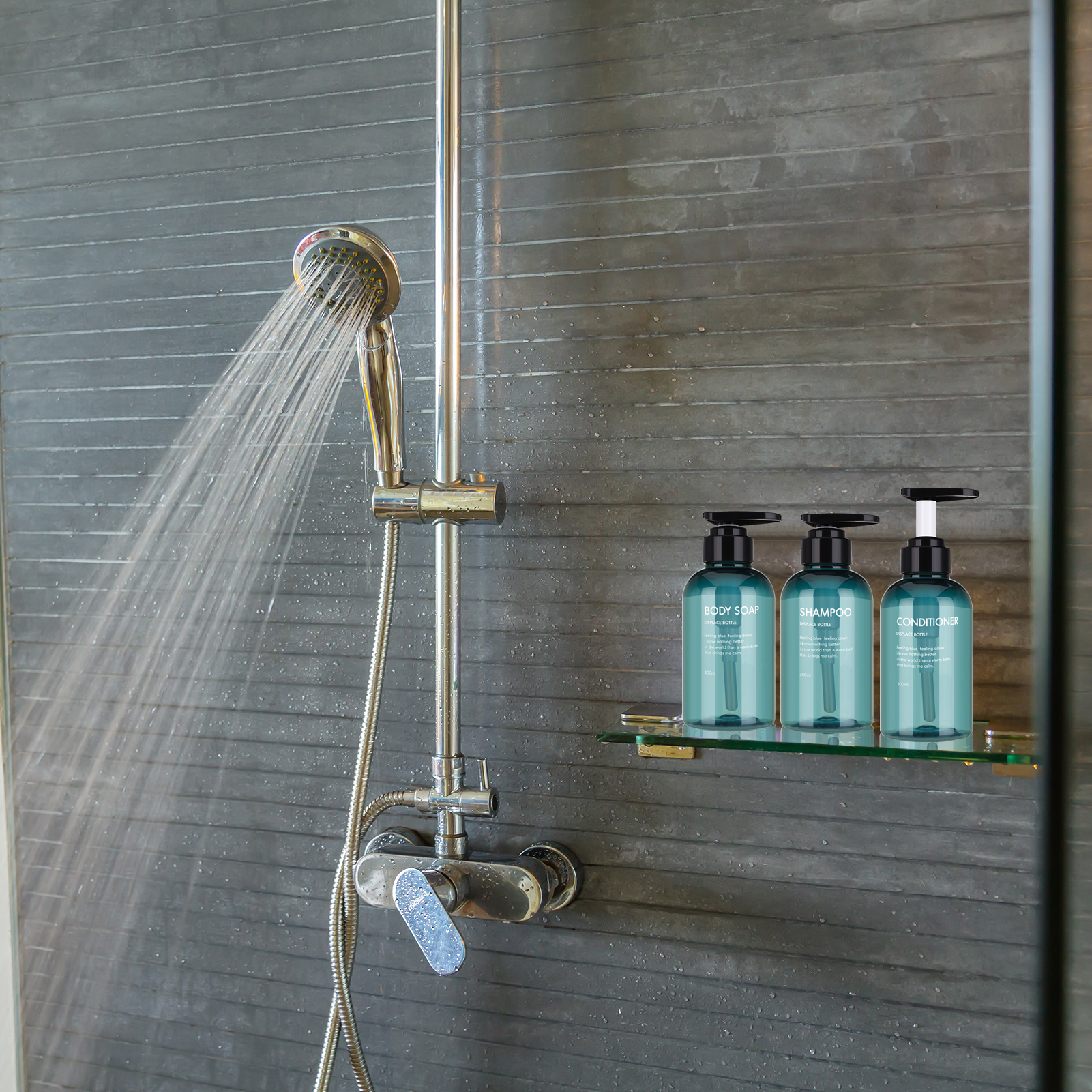 Abaima 3 Pack Shampoo Pump Bottle,10oz/300ml Empty Refillable Shower Bottle,Plastic Reusable Squeeze Lotion Dispenser for Shampoo and Conditioner(Blue)