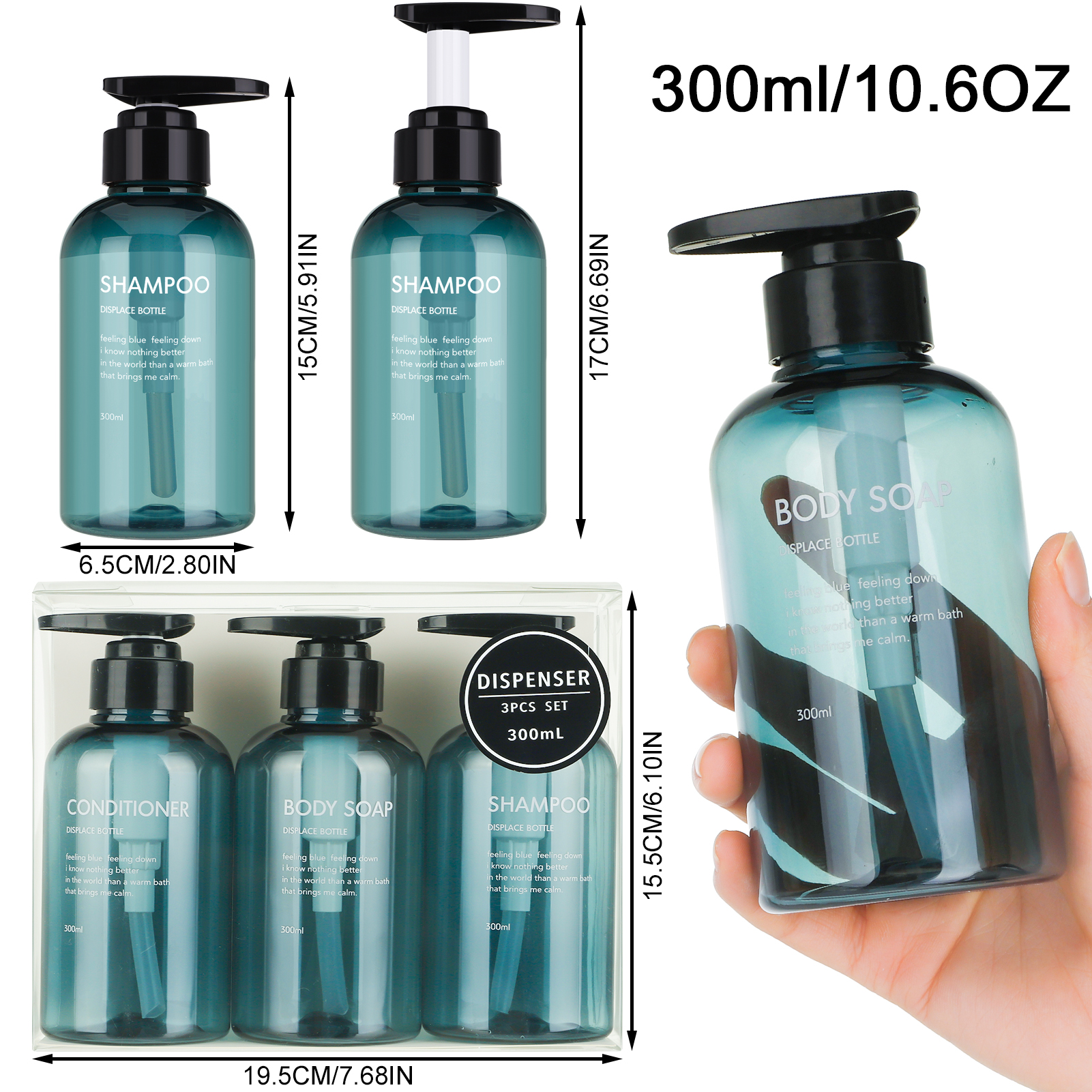 Abaima 3 Pack Shampoo Pump Bottle,10oz/300ml Empty Refillable Shower Bottle,Plastic Reusable Squeeze Lotion Dispenser for Shampoo and Conditioner(Blue)
