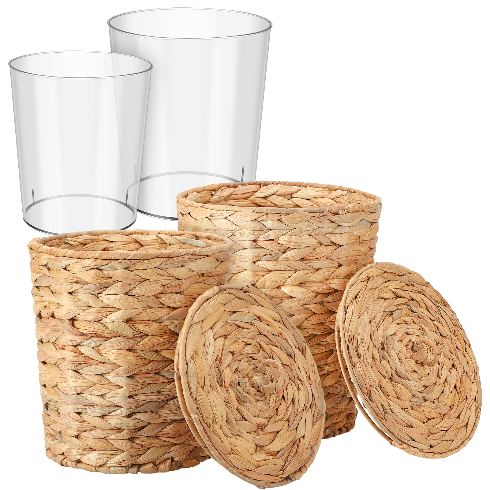 Topekada 2 Pack Wicker Trash Cans with Removable Lids and Liner, 1.9 and 2.7 Gallons Handmade Woven Waste Baskets with Stainless Steel Frames, Garbage Wastebaskets for Kitchen Bathroom Bedroom