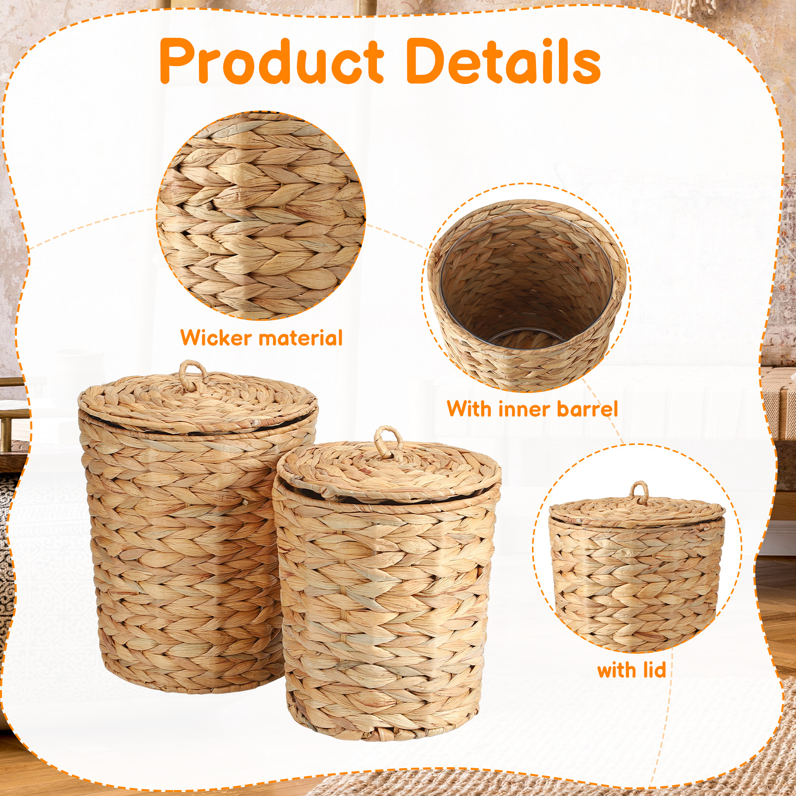 Topekada 2 Pack Wicker Trash Cans with Removable Lids and Liner, 1.9 and 2.7 Gallons Handmade Woven Waste Baskets with Stainless Steel Frames, Garbage Wastebaskets for Kitchen Bathroom Bedroom