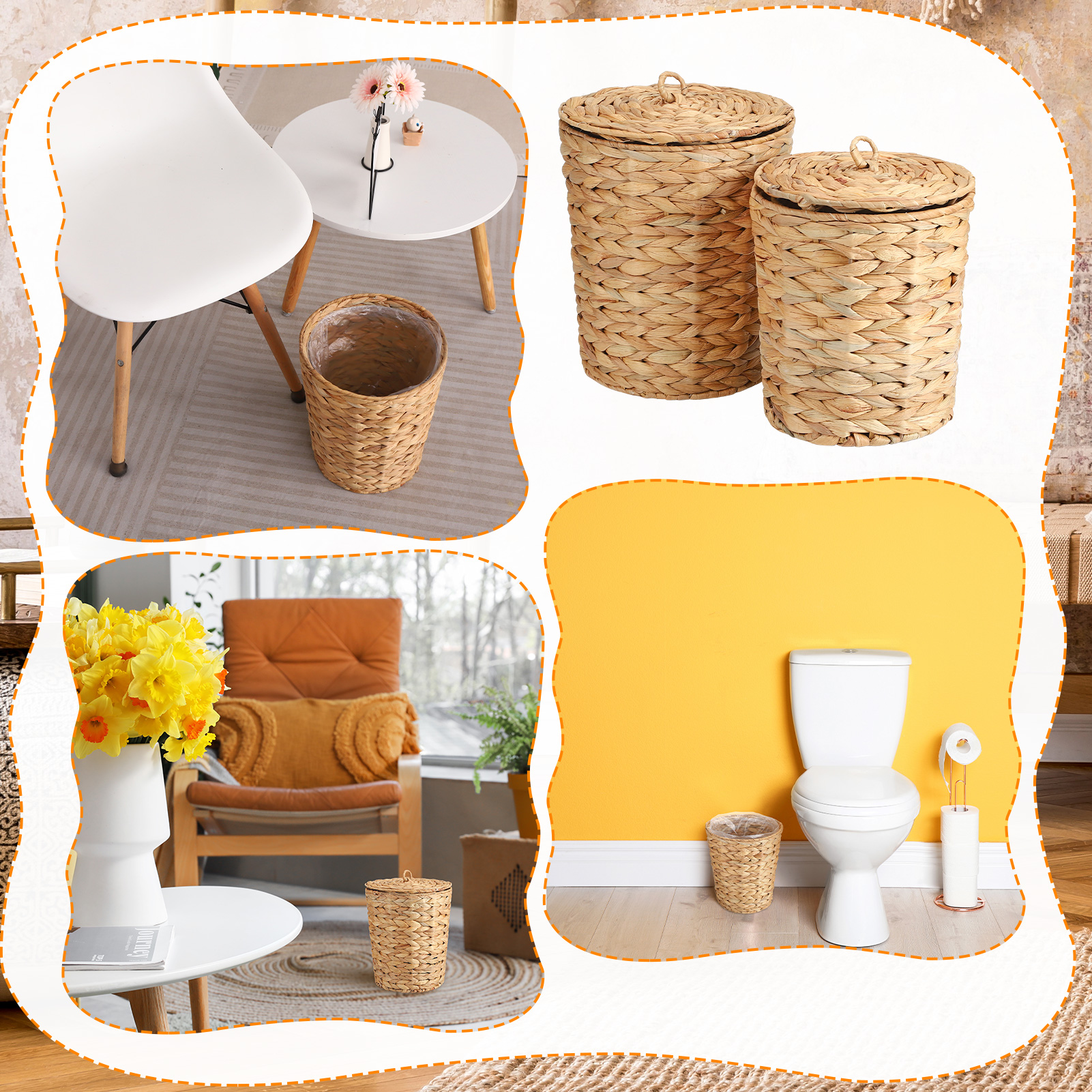 Topekada 2 Pack Wicker Trash Cans with Removable Lids and Liner, 1.9 and 2.7 Gallons Handmade Woven Waste Baskets with Stainless Steel Frames, Garbage Wastebaskets for Kitchen Bathroom Bedroom