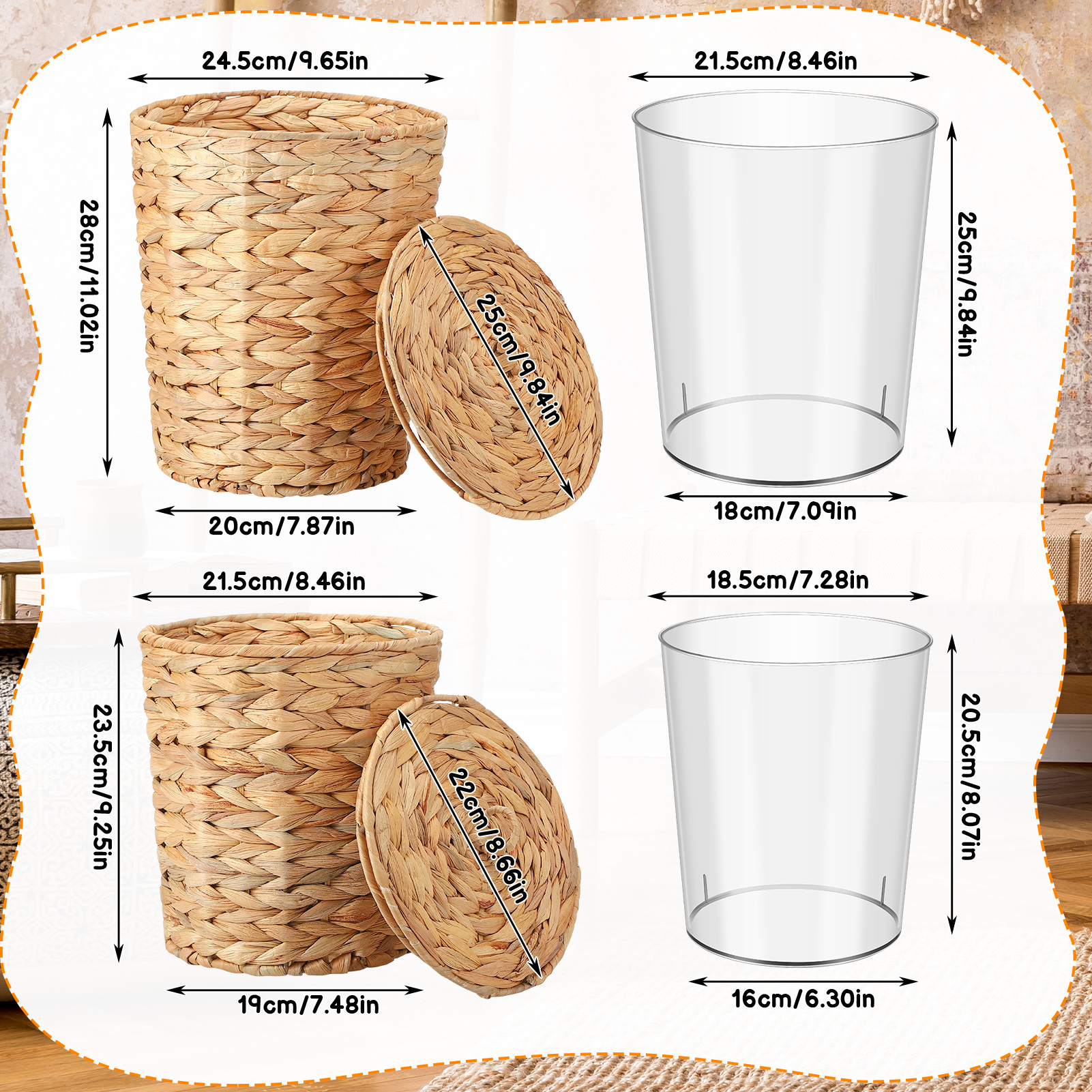 Topekada 2 Pack Wicker Trash Cans with Removable Lids and Liner, 1.9 and 2.7 Gallons Handmade Woven Waste Baskets with Stainless Steel Frames, Garbage Wastebaskets for Kitchen Bathroom Bedroom
