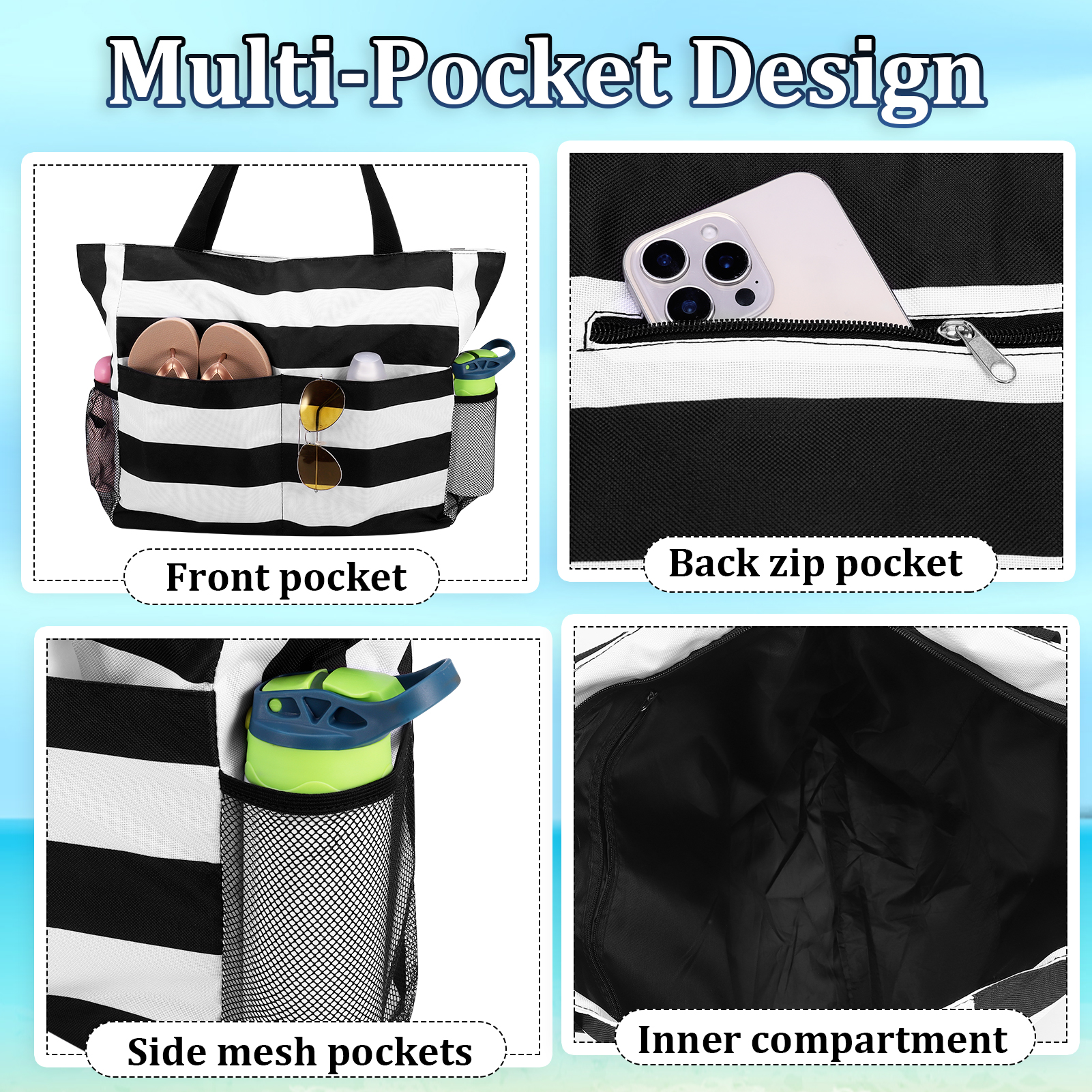 Bocaoying Women's Beach Bag, Waterproof Sandproof Beach Tote Bag, Large Beach Bag Featuring Back Zipper with 2 Mesh Side Pockets for Women's Essentials