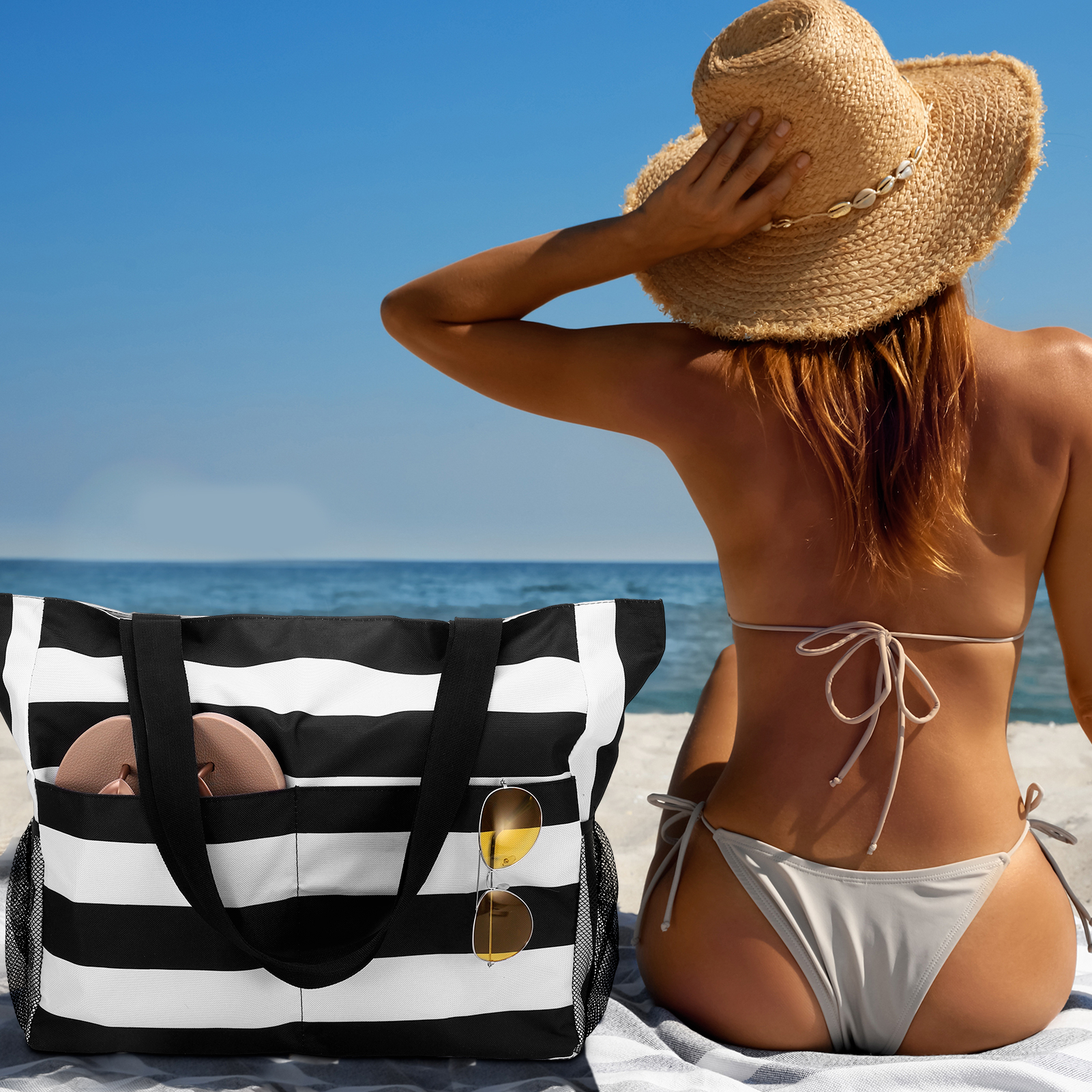 Bocaoying Women's Beach Bag, Waterproof Sandproof Beach Tote Bag, Large Beach Bag Featuring Back Zipper with 2 Mesh Side Pockets for Women's Essentials