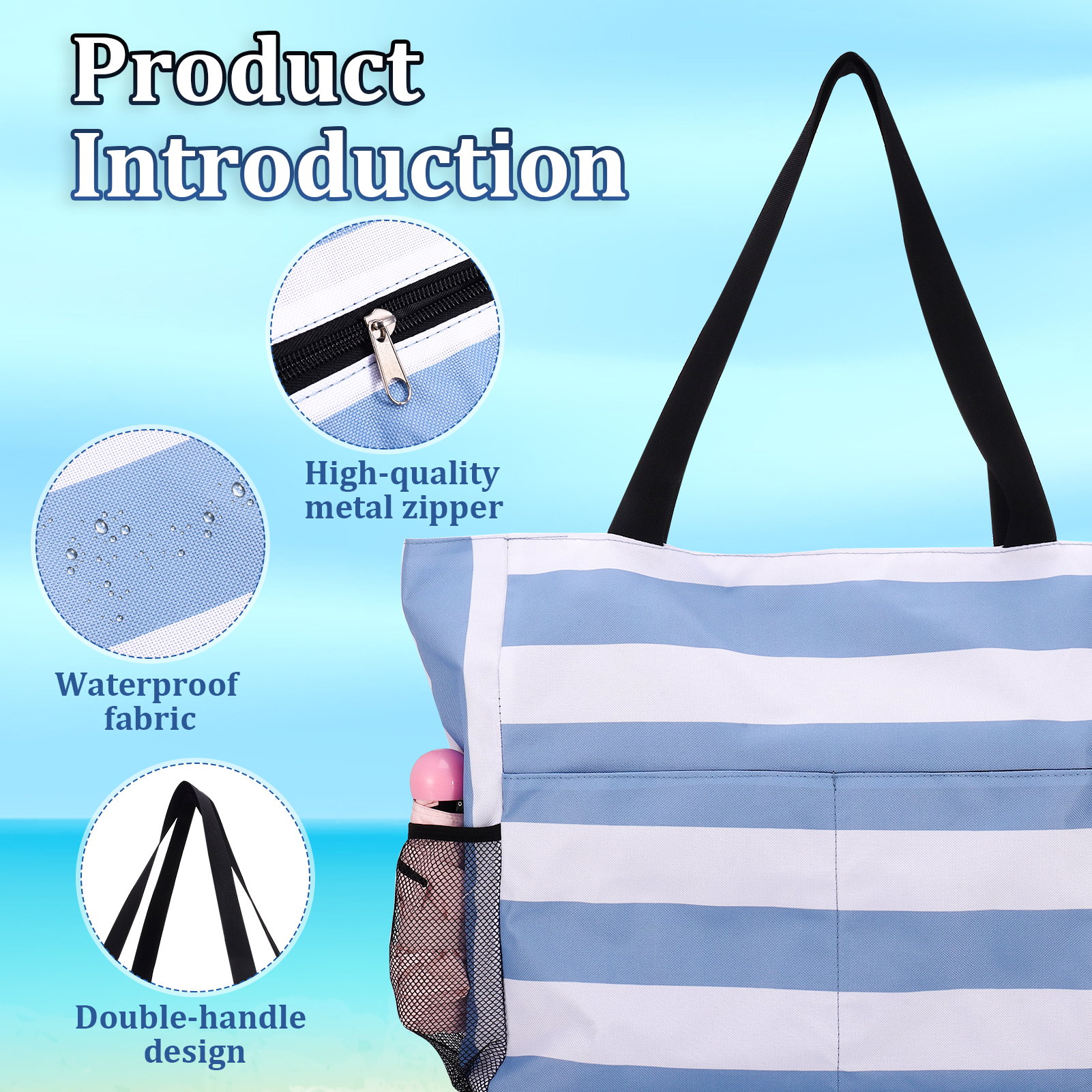 Bocaoying Women's Striped Beach Bag with Water-Resistant Design, Foldable Beach Tote with 2 Mesh Side Pockets, Large Beach Bag Featuring Back Zipper, Cute Woven Travel Bag for Women's Essentials