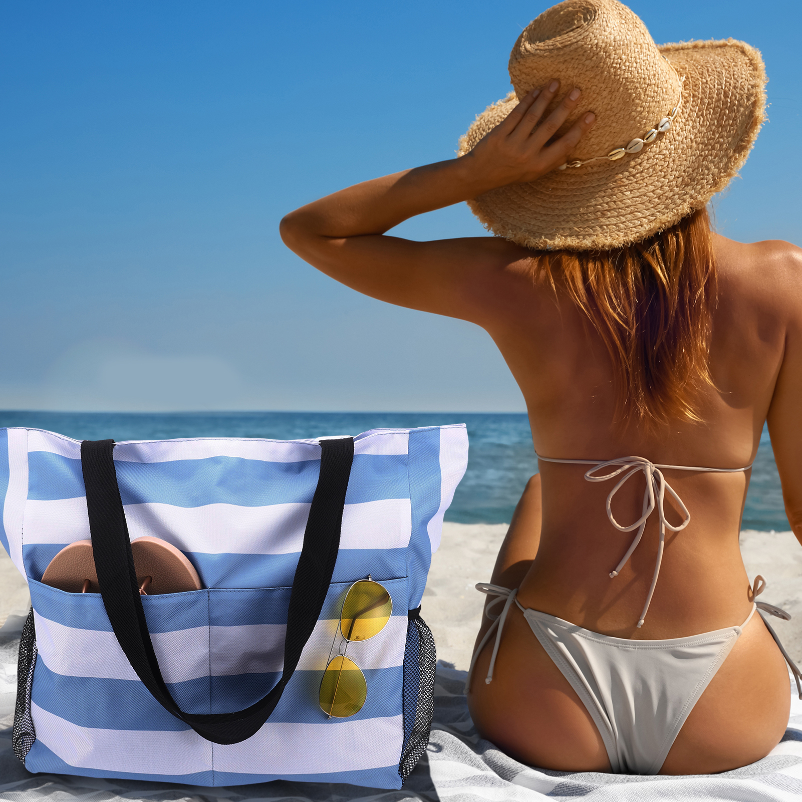 Bocaoying Women's Striped Beach Bag with Water-Resistant Design, Foldable Beach Tote with 2 Mesh Side Pockets, Large Beach Bag Featuring Back Zipper, Cute Woven Travel Bag for Women's Essentials