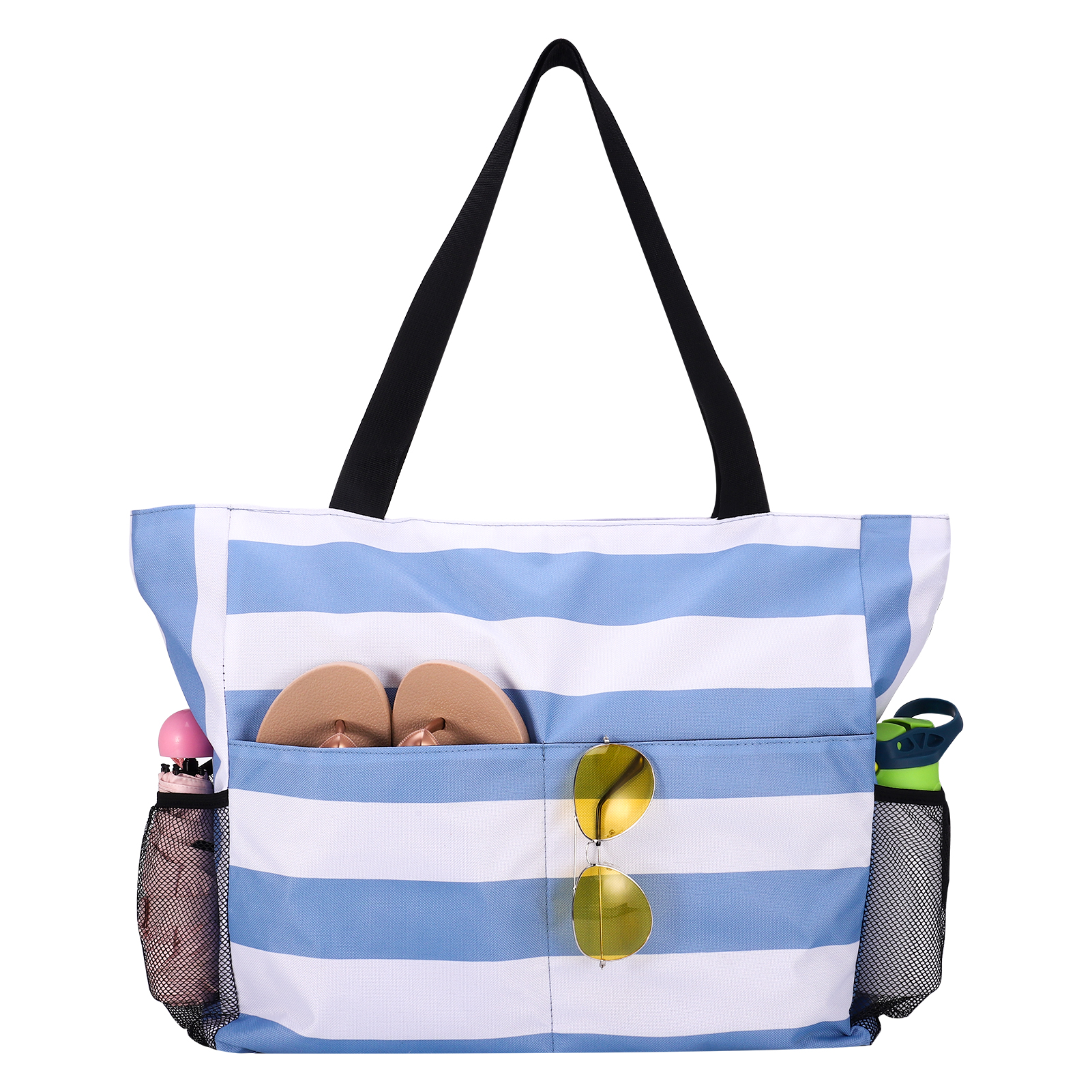 Bocaoying Women's Striped Beach Bag with Water-Resistant Design, Foldable Beach Tote with 2 Mesh Side Pockets, Large Beach Bag Featuring Back Zipper, Cute Woven Travel Bag for Women's Essentials