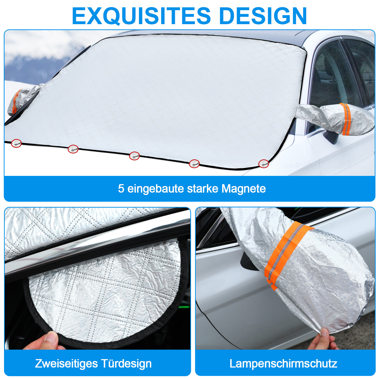 LUIISIS Car Windshield Cover with Side Mirror Cover from Ice, Snow, Sun, Dust, 57.87" x 45.67", Magnetic Windshield Cover Foldable, Fit for Large Sedan/Large SUV/Pickup, Waterproof and Windproof