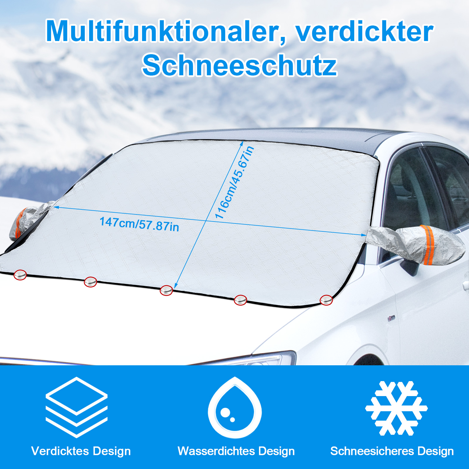 LUIISIS Car Windshield Cover with Side Mirror Cover from Ice, Snow, Sun, Dust, 57.87" x 45.67", Magnetic Windshield Cover Foldable, Fit for Large Sedan/Large SUV/Pickup, Waterproof and Windproof