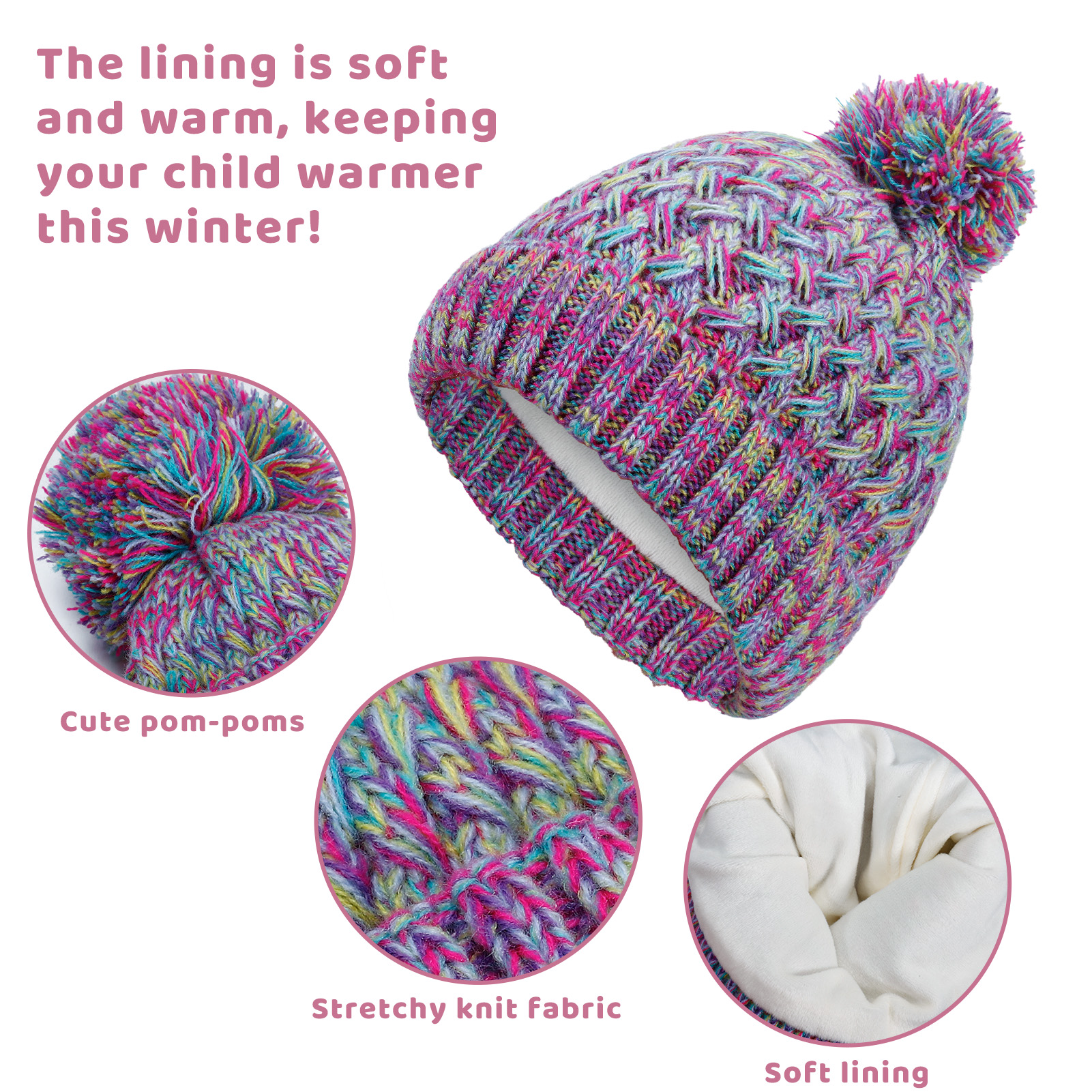 Bocaoying Girls Winter Hat Gloves Scarf Set, Kids Winter Beanie Hat Scarf Gloves Set, Toddler Warm Hats Beanie with Pom Knit Neck Warmer Gaiter Mittens Fleece Lined Set Aged 1-6