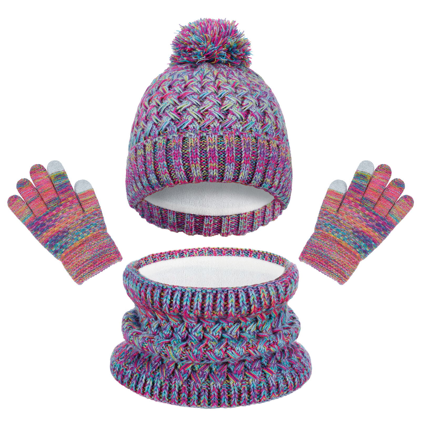 Bocaoying Girls Winter Hat Gloves Scarf Set, Kids Winter Beanie Hat Scarf Gloves Set, Toddler Warm Hats Beanie with Pom Knit Neck Warmer Gaiter Mittens Fleece Lined Set Aged 1-6