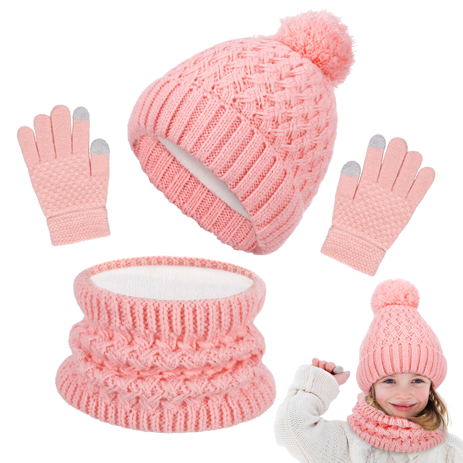 Bocaoying Girls Winter Hat Gloves Scarf Set, Kids Winter Beanie Hat Scarf Gloves Set, Toddler Warm Hats Beanie with Pom Knit Neck Warmer Gaiter Mittens Fleece Lined Set Aged 1-6