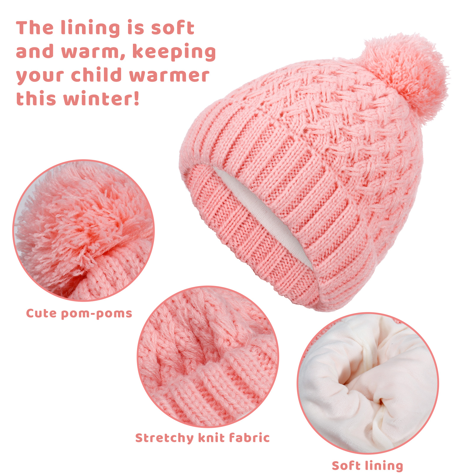 Bocaoying Girls Winter Hat Gloves Scarf Set, Kids Winter Beanie Hat Scarf Gloves Set, Toddler Warm Hats Beanie with Pom Knit Neck Warmer Gaiter Mittens Fleece Lined Set Aged 1-6