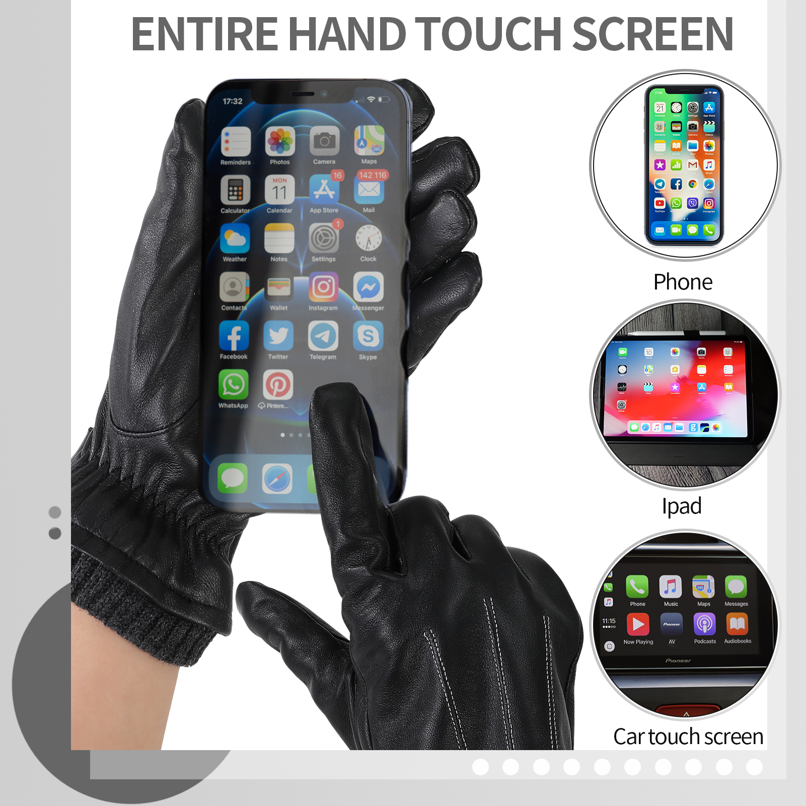 Bocaoying Men's Winter Sheepskin Leather Gloves, Ribbed Non-Slip Cuffs Warm Gloves with Buckle Design, Touchscreen Driving Gloves for Motorcycle or Sports, Black/M