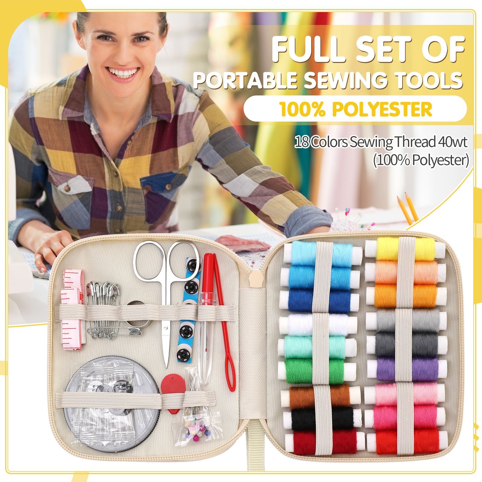 Armscye Sewing Kit with Case Portable Sewing Supplies for Home Traveler, Adults, Beginner, Emergency, Contains 18 Sewing Thread, Scissors, Needles, Measure