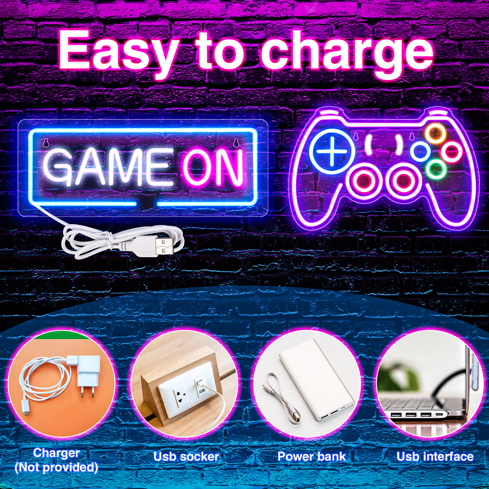 Armscye 2Pcs Gaming Neon Sign, Game Neon Sign for Game Room Decor, LED Game Neon Sign for Teen Boy Room Decor, Gamer Wall Decor