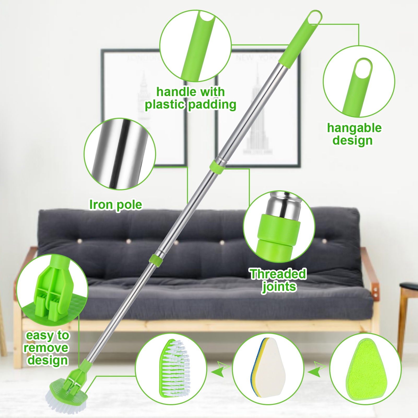 Armscye Long Handled Scrub Brush for Shower, 35'' Tub Cleaning Scrubber Brush Set, Adjustable Long Handle Scrub Brush for Cleaning Bathtub Wall Bathroom Glass Toilet