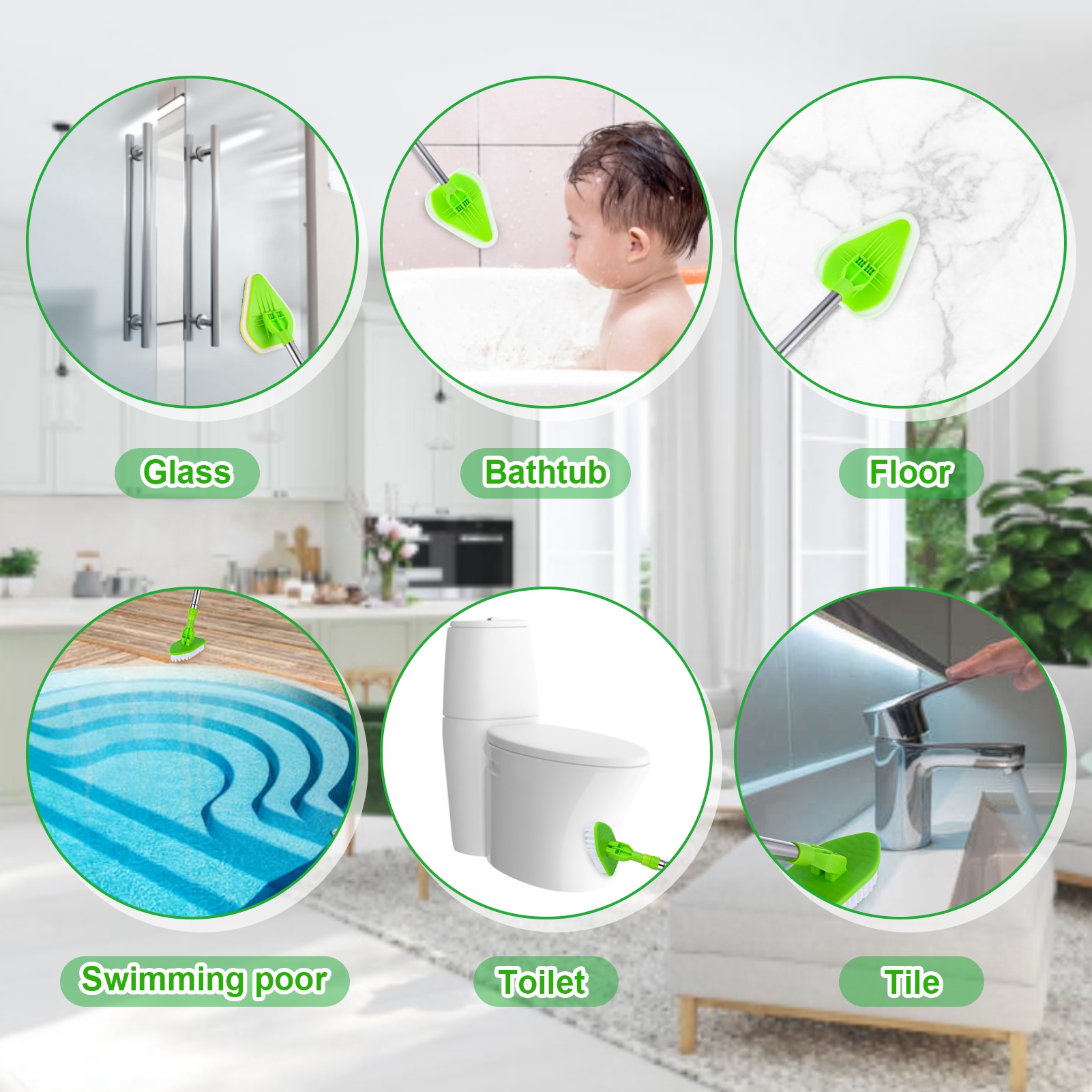 Armscye Long Handled Scrub Brush for Shower, 35'' Tub Cleaning Scrubber Brush Set, Adjustable Long Handle Scrub Brush for Cleaning Bathtub Wall Bathroom Glass Toilet