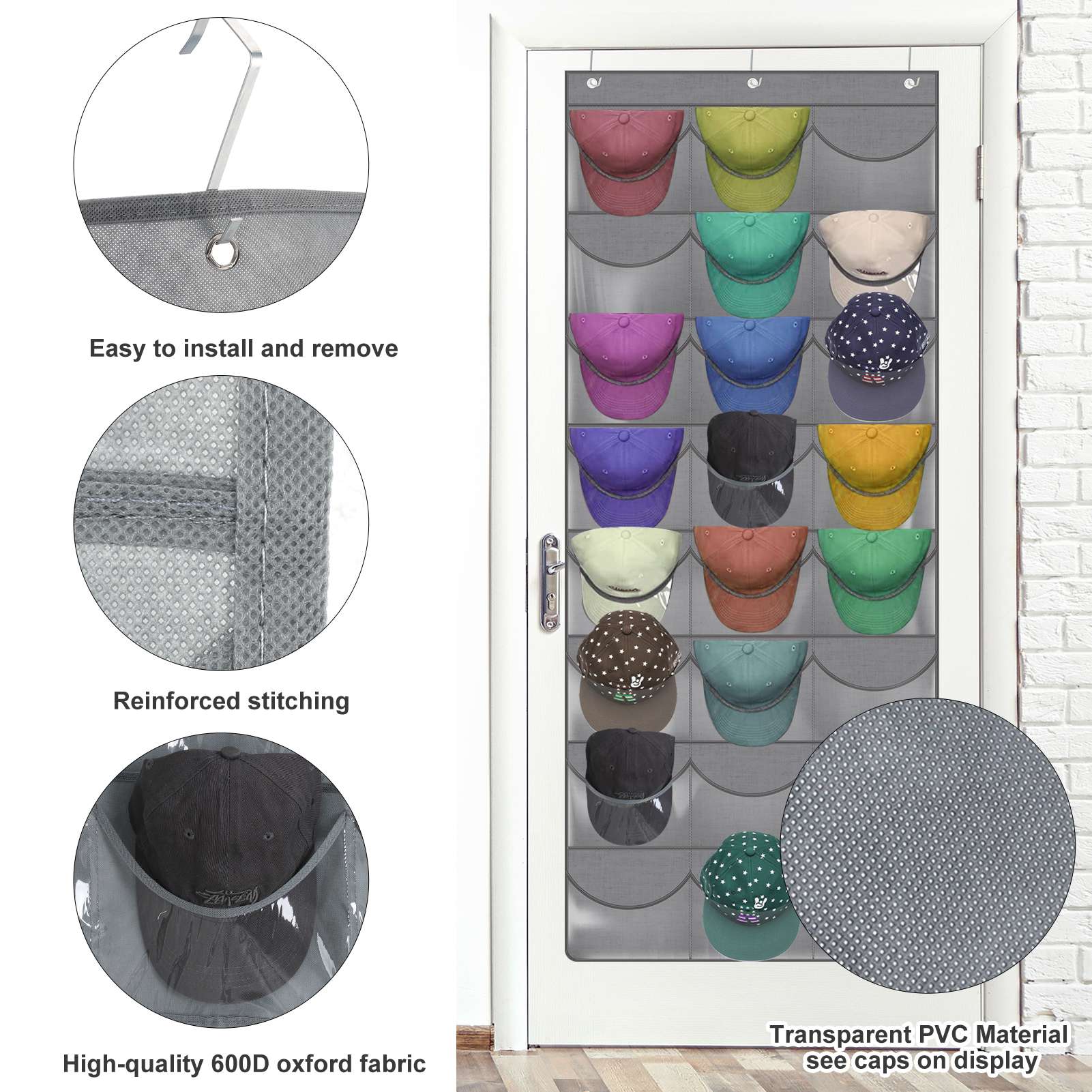 Armscye Hat Organizer Racks for Baseball Caps, Visible Over-The-Door Cap Organizer with 24 Clear Deep Pockets, Cap Organizer for Baseball Cap, 3 Hooks