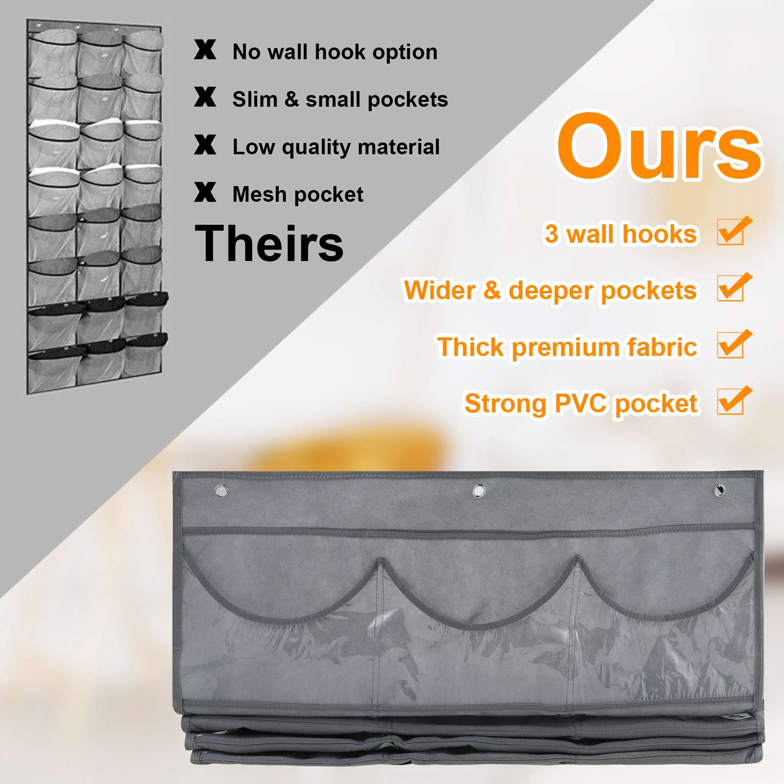 Armscye Hat Organizer Racks for Baseball Caps, Visible Over-The-Door Cap Organizer with 24 Clear Deep Pockets, Cap Organizer for Baseball Cap, 3 Hooks