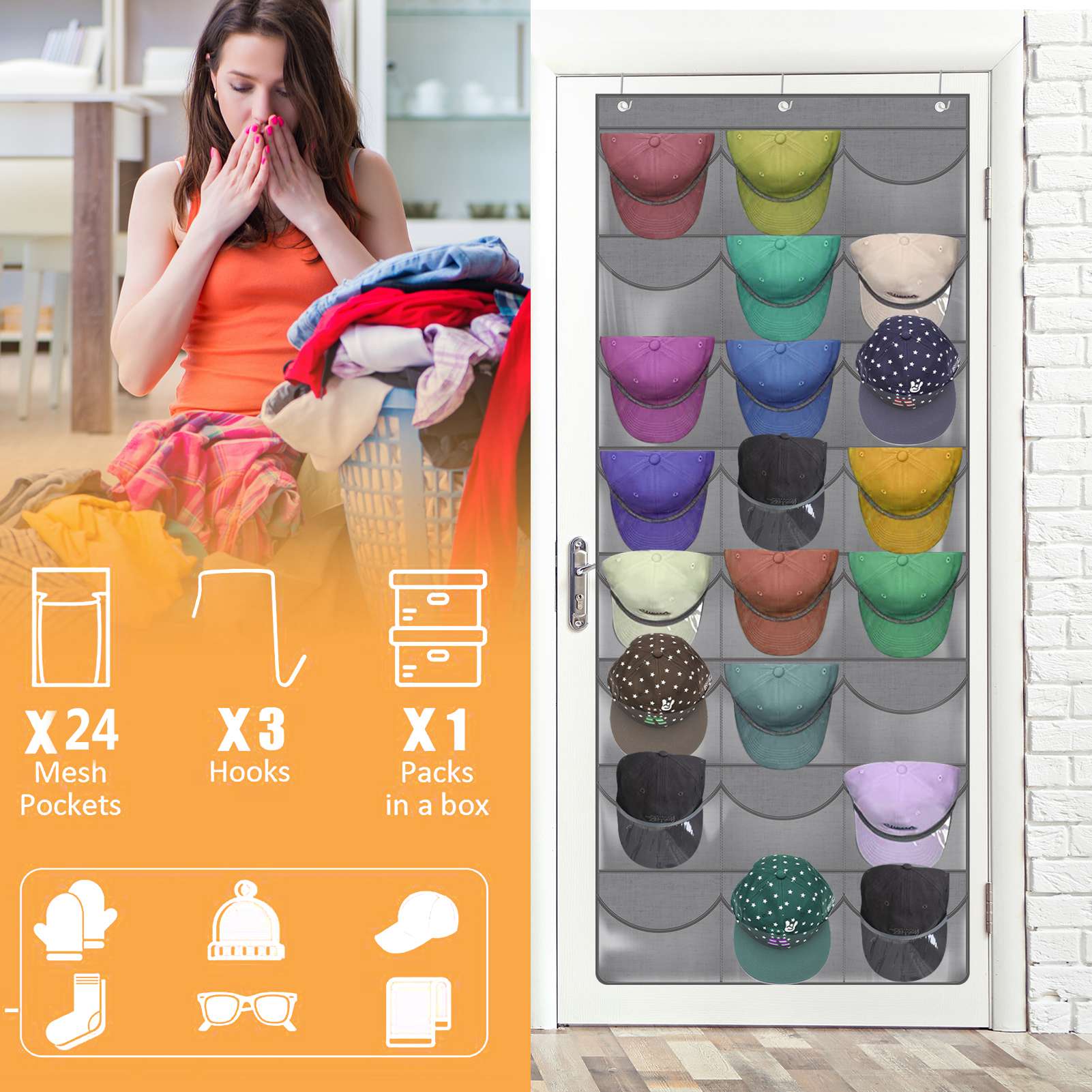 Armscye Hat Organizer Racks for Baseball Caps, Visible Over-The-Door Cap Organizer with 24 Clear Deep Pockets, Cap Organizer for Baseball Cap, 3 Hooks