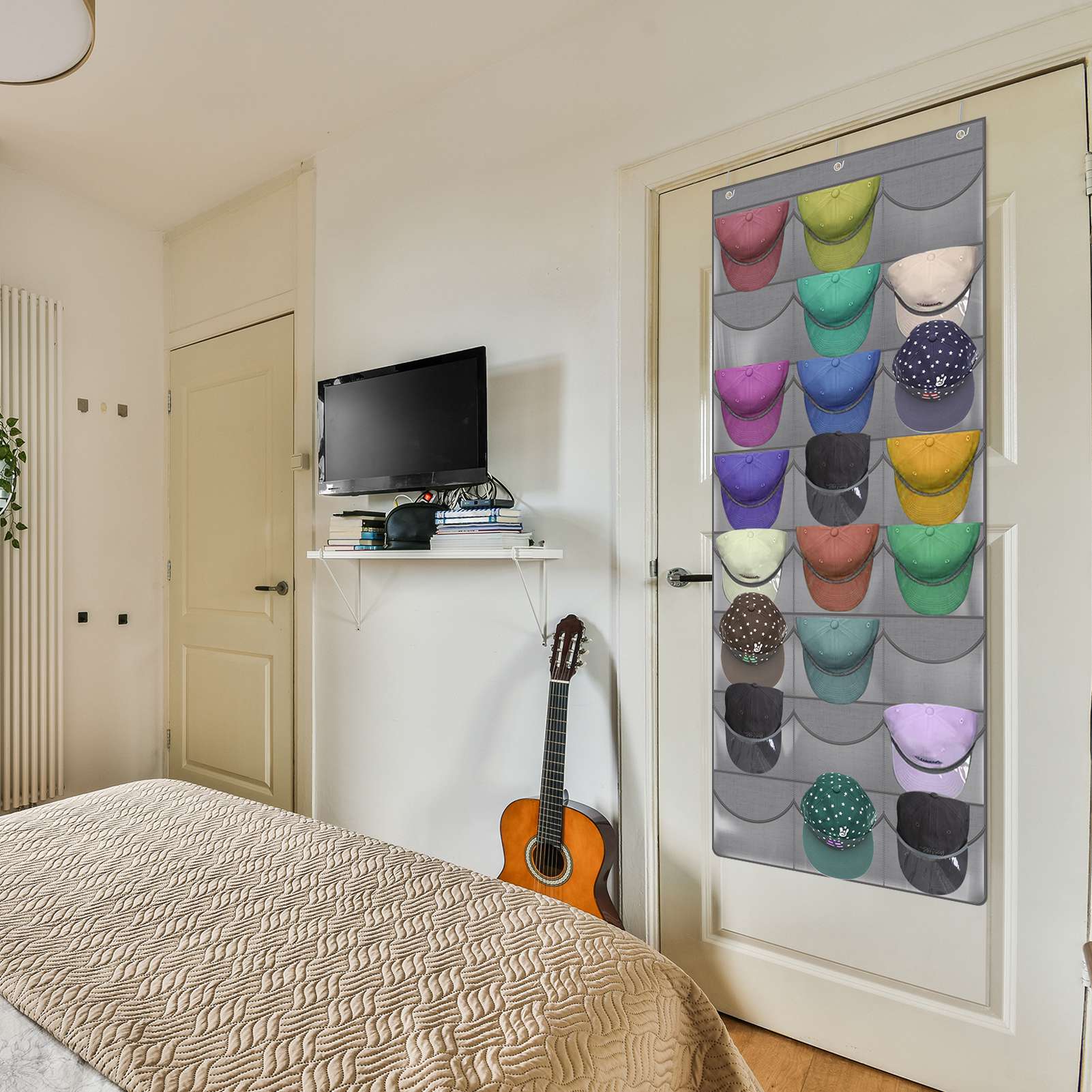 Armscye Hat Organizer Racks for Baseball Caps, Visible Over-The-Door Cap Organizer with 24 Clear Deep Pockets, Cap Organizer for Baseball Cap, 3 Hooks