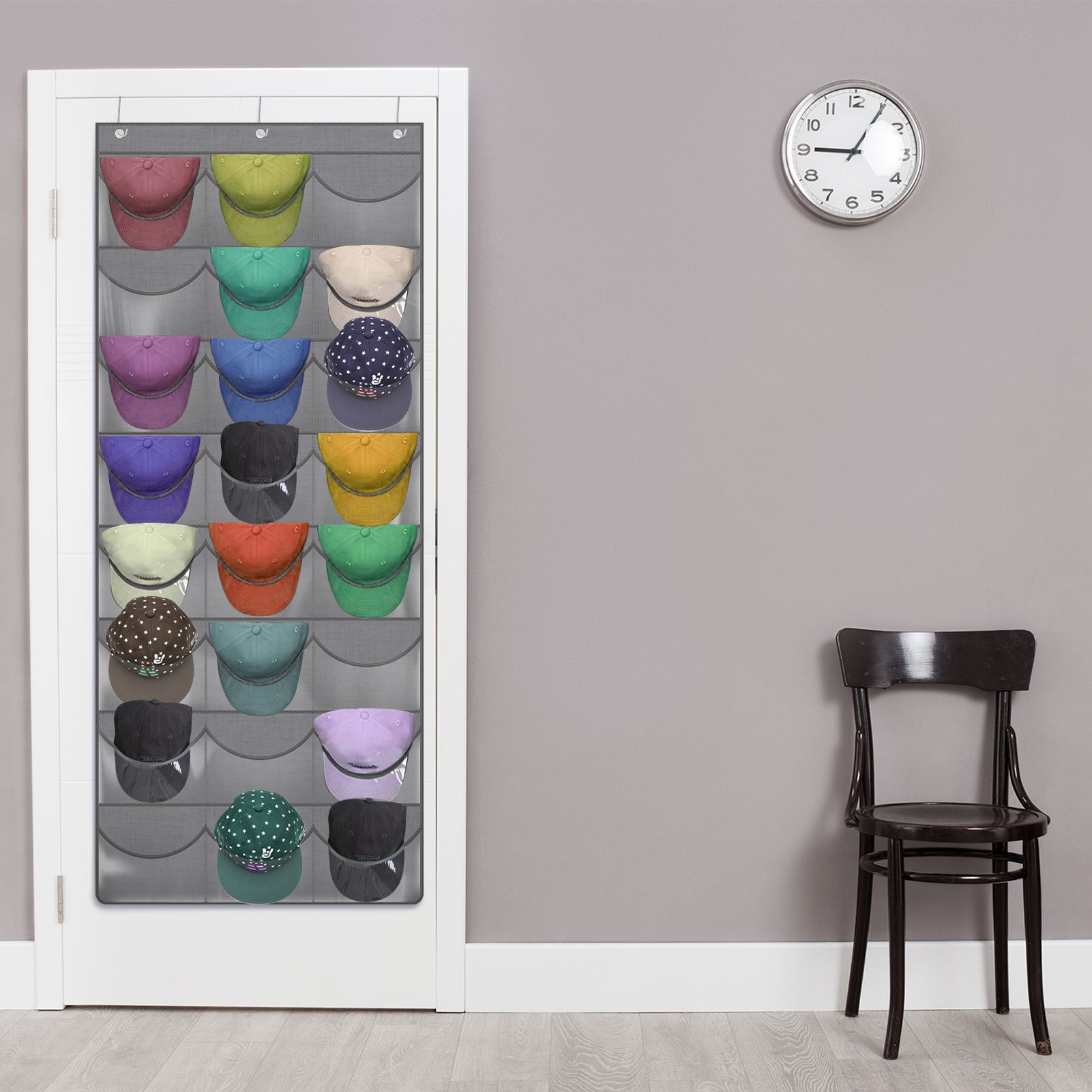 Armscye Hat Organizer Racks for Baseball Caps, Visible Over-The-Door Cap Organizer with 24 Clear Deep Pockets, Cap Organizer for Baseball Cap, 3 Hooks