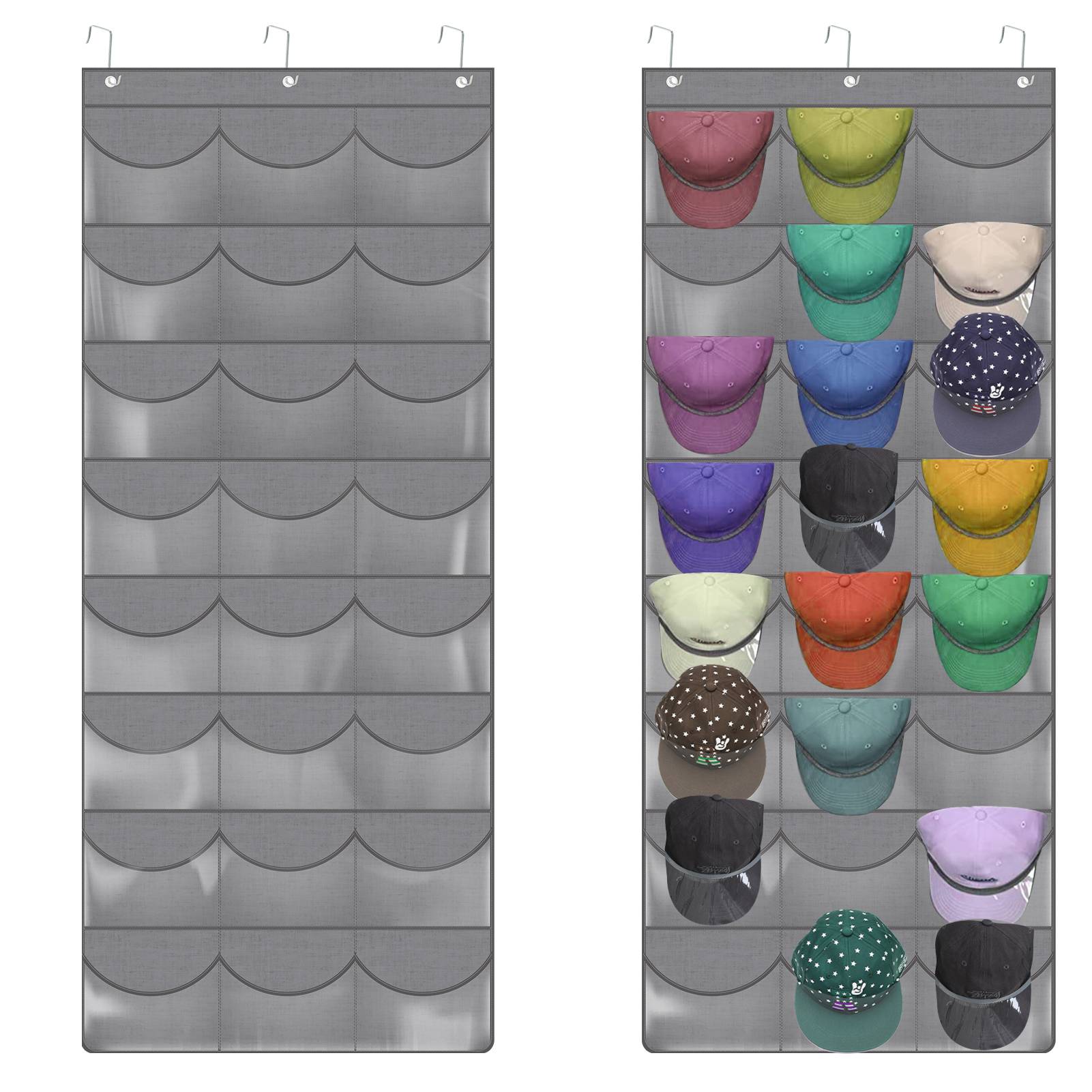 Armscye Hat Organizer Racks for Baseball Caps, Visible Over-The-Door Cap Organizer with 24 Clear Deep Pockets, Cap Organizer for Baseball Cap, 3 Hooks