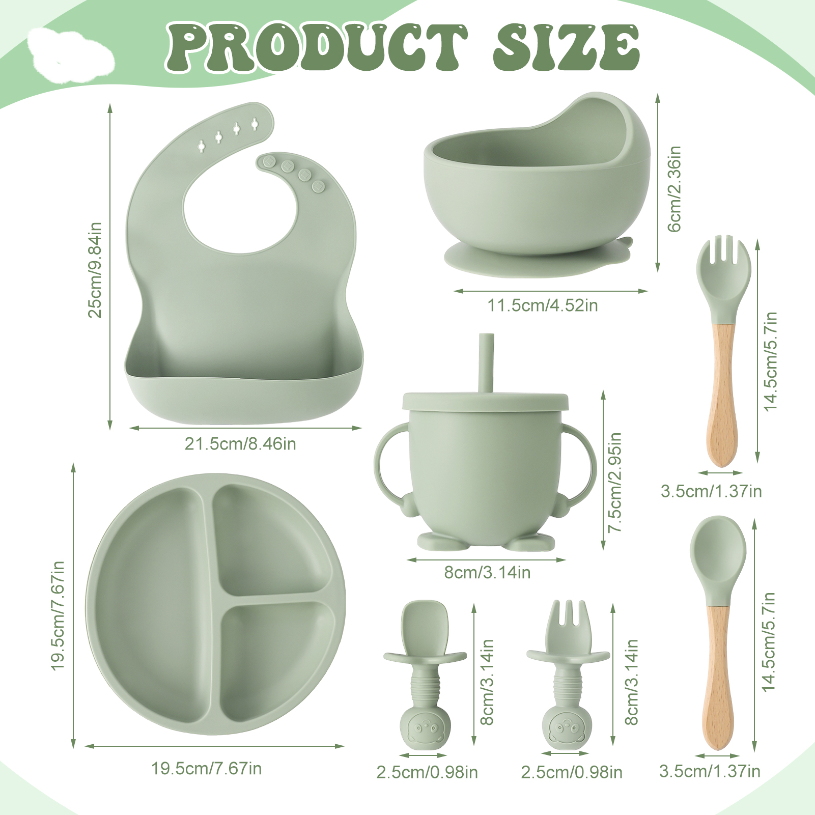 HEQUSigns Army Green Silicone Baby Feeding Supplies Set, 8 Piece