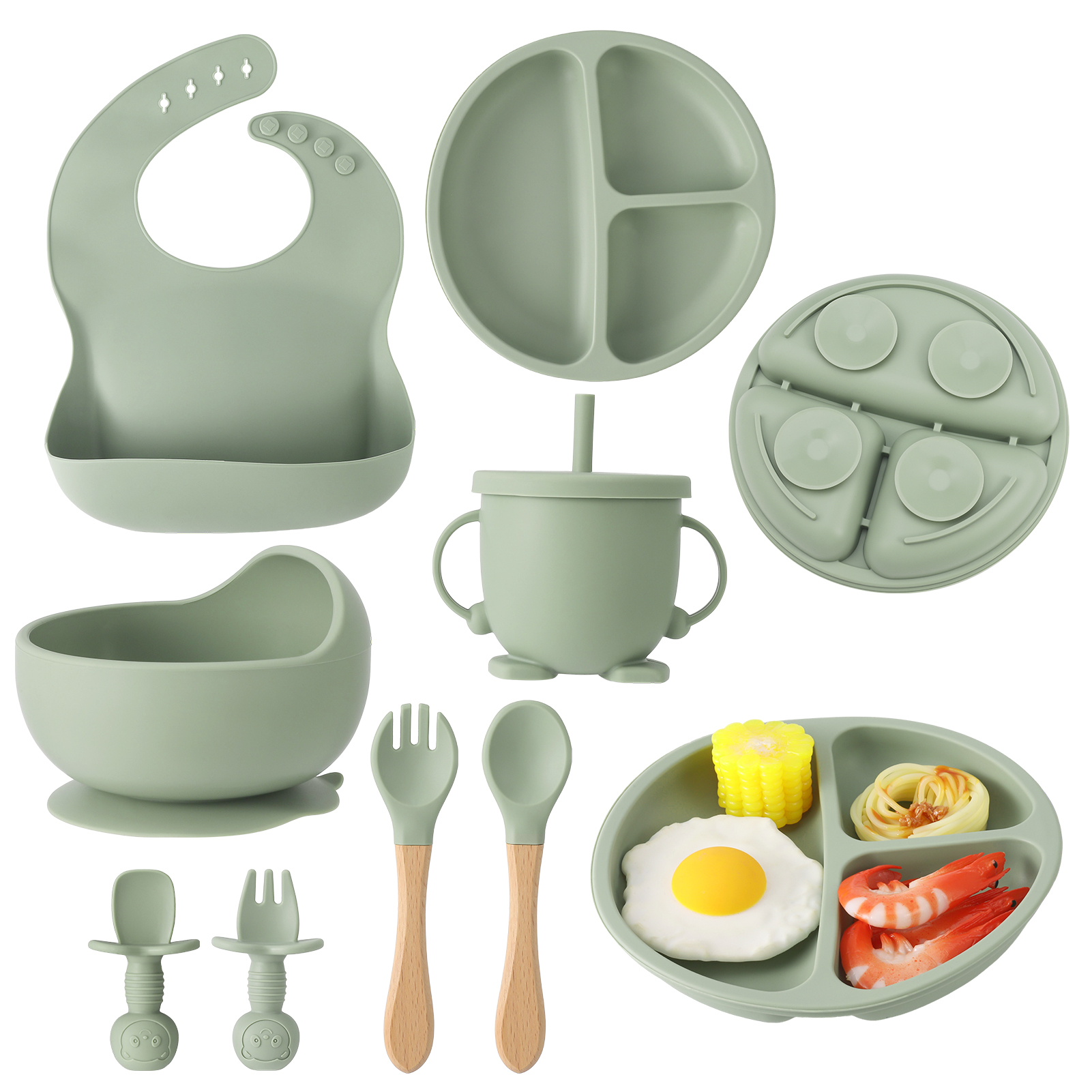 HEQUSigns Army Green Silicone Baby Feeding Supplies Set, 8 Piece