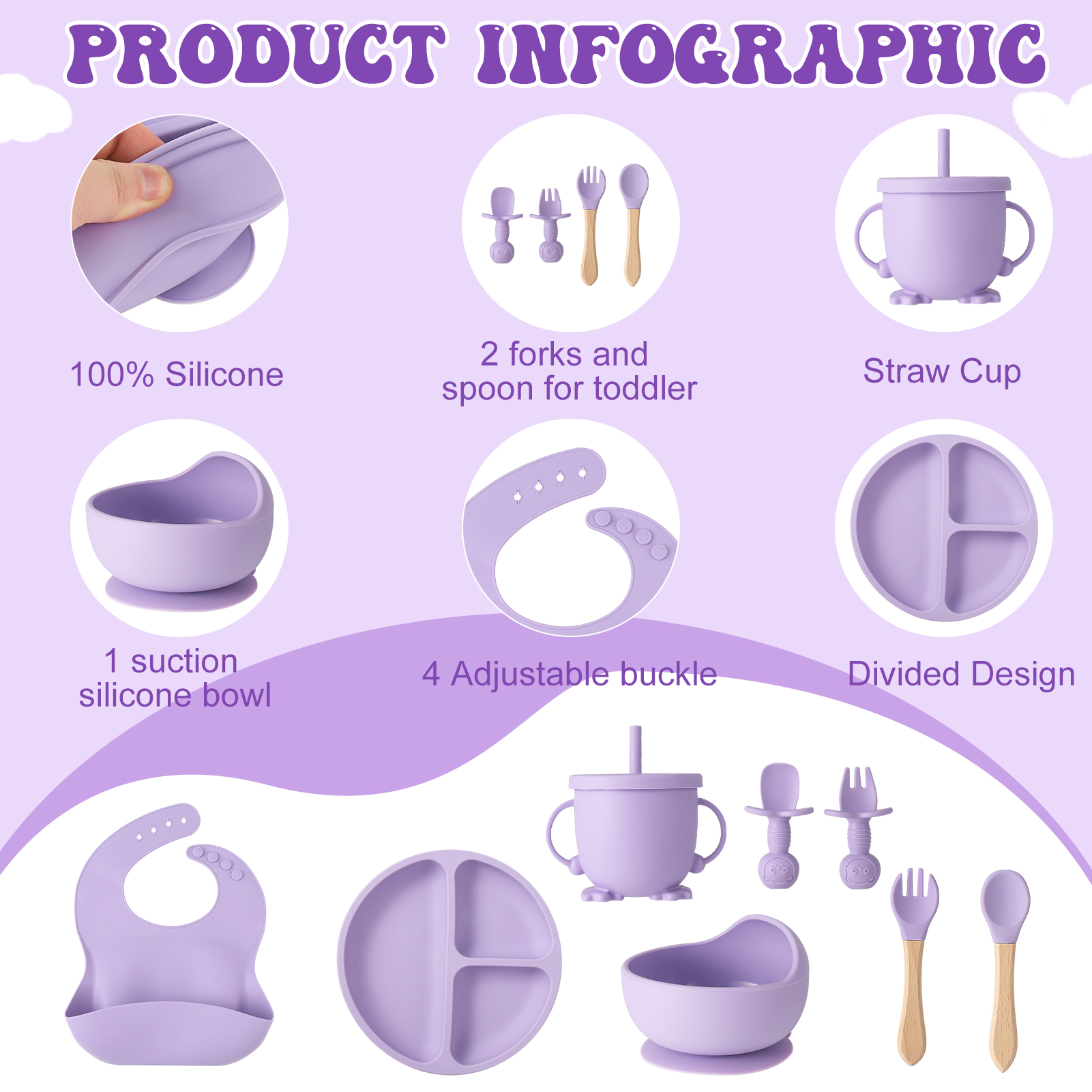 HEQUSIGNS Silicone Baby Feeding Set, Dark Purple, 8 Piece