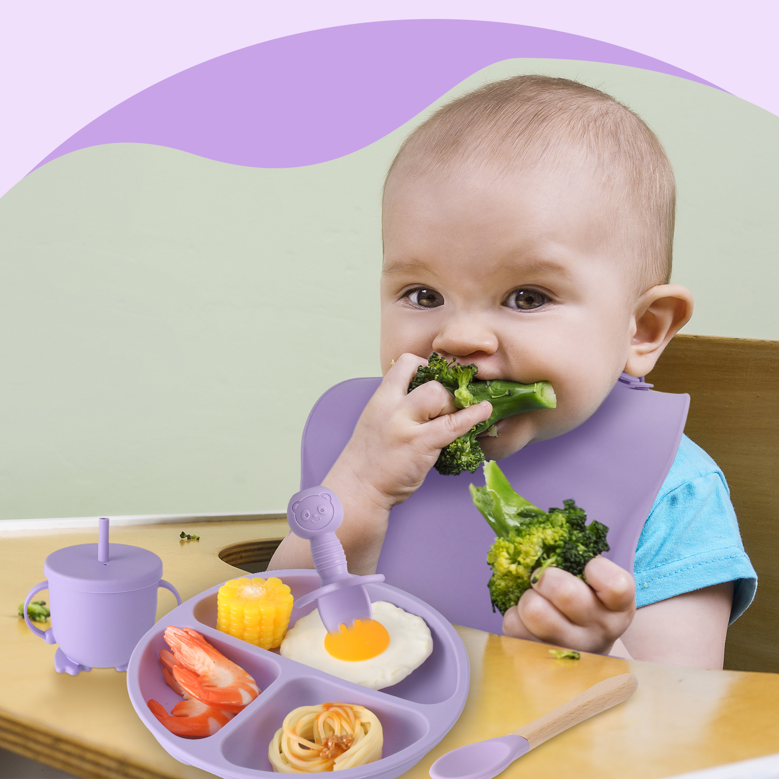 HEQUSIGNS Silicone Baby Feeding Set, Dark Purple, 8 Piece