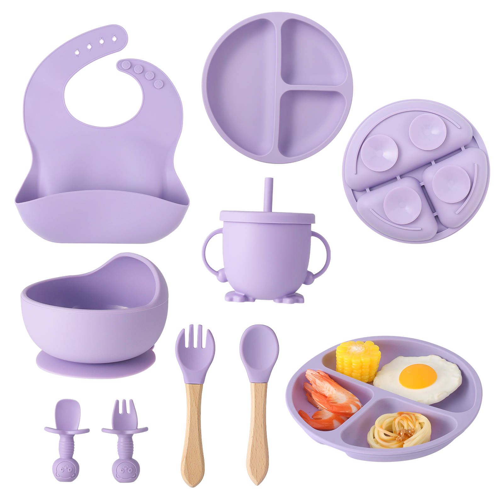 HEQUSIGNS Silicone Baby Feeding Set, Dark Purple, 8 Piece