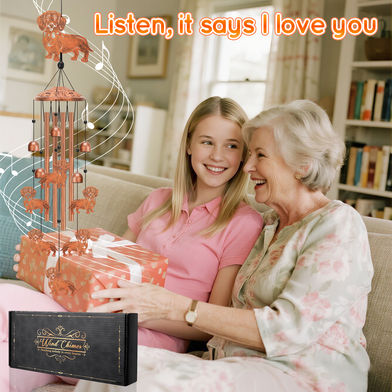 topjuju Dachshund Dog Wind Chimes, 35 Inch Metal Wind Chimes for Outside, Memorial Sympathy Wind Chimes Decor, Best Dachshund Gifts for Women Men, Windchimes Outdoors with 4 Aluminum Tubes