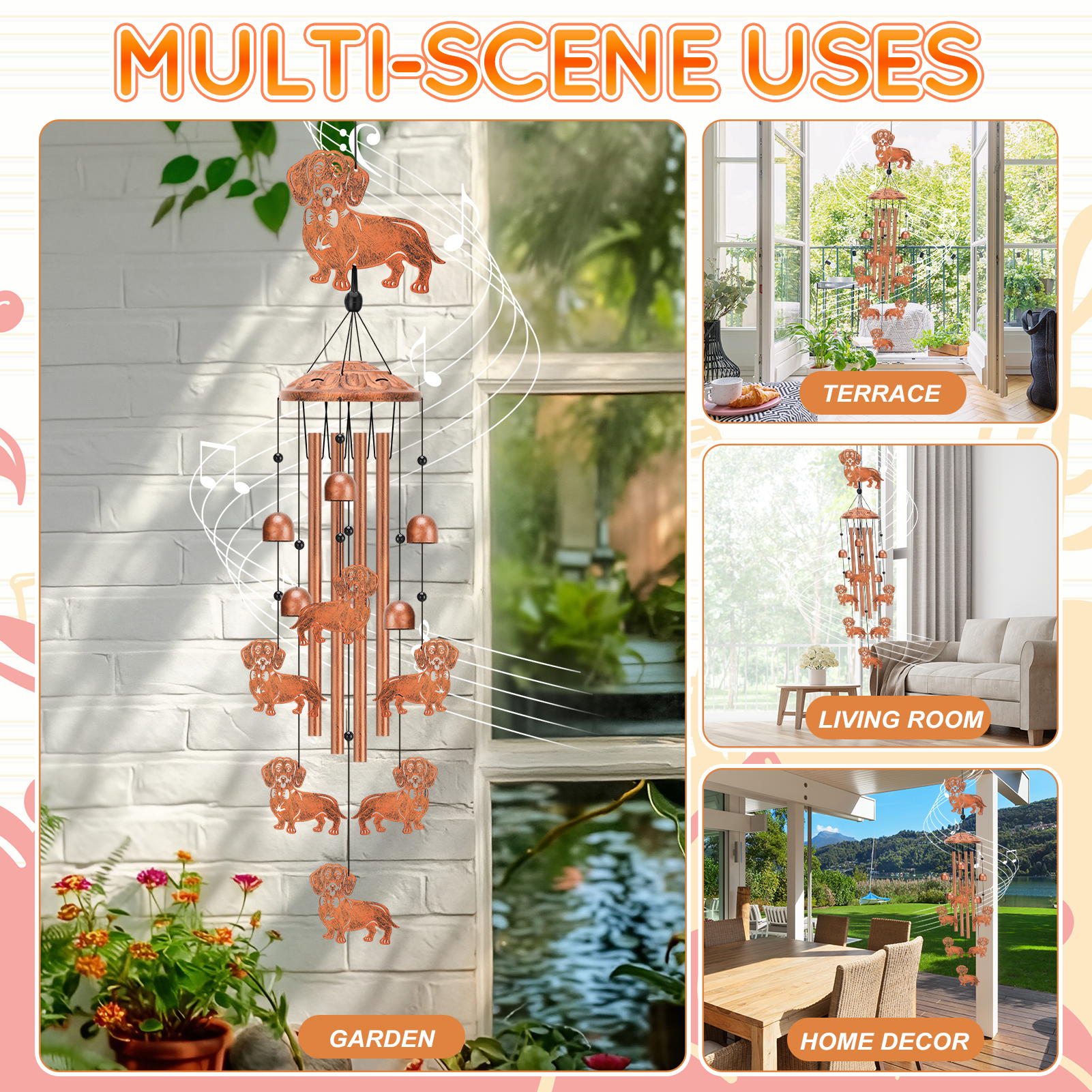 topjuju Dachshund Dog Wind Chimes, 35 Inch Metal Wind Chimes for Outside, Memorial Sympathy Wind Chimes Decor, Best Dachshund Gifts for Women Men, Windchimes Outdoors with 4 Aluminum Tubes