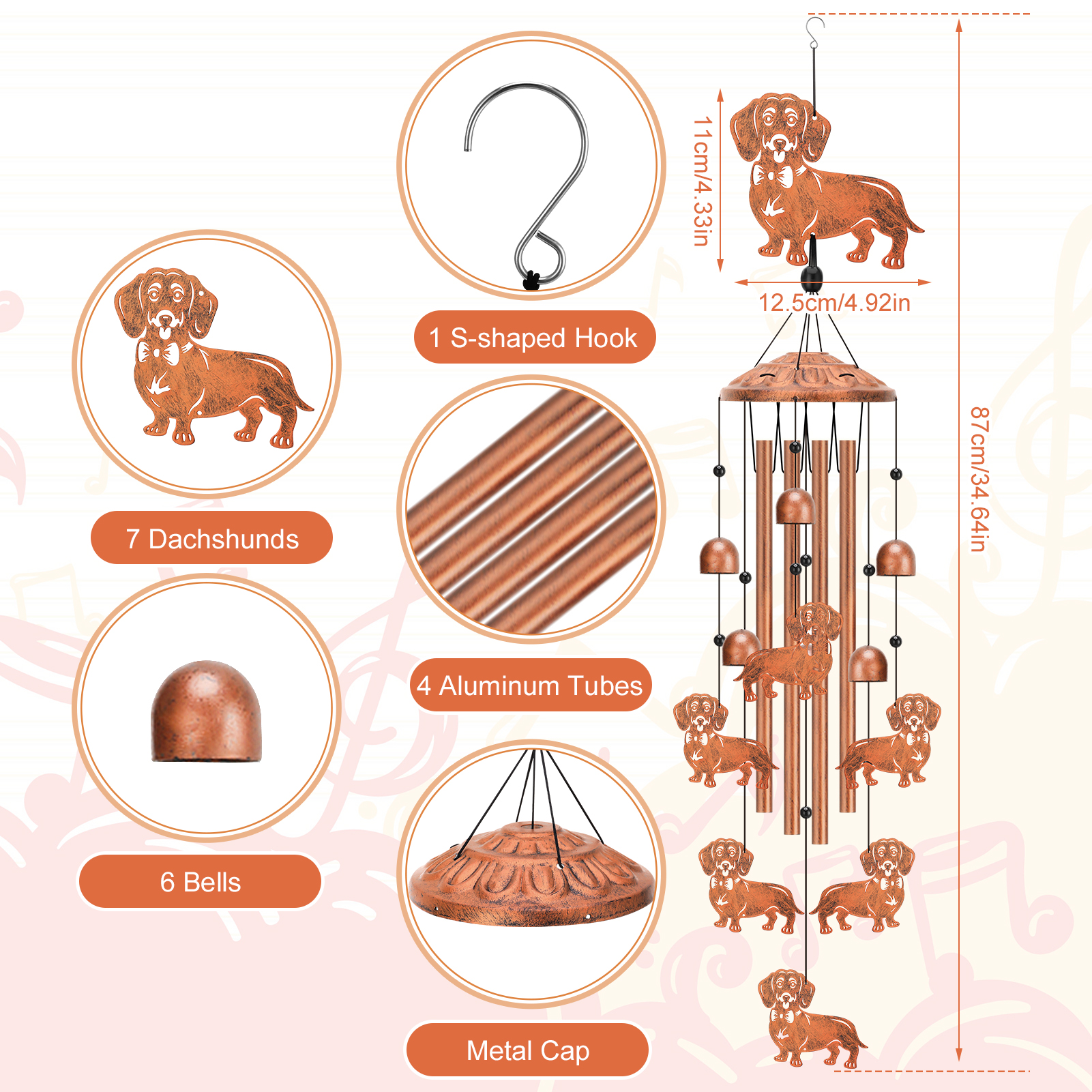 topjuju Dachshund Dog Wind Chimes, 35 Inch Metal Wind Chimes for Outside, Memorial Sympathy Wind Chimes Decor, Best Dachshund Gifts for Women Men, Windchimes Outdoors with 4 Aluminum Tubes