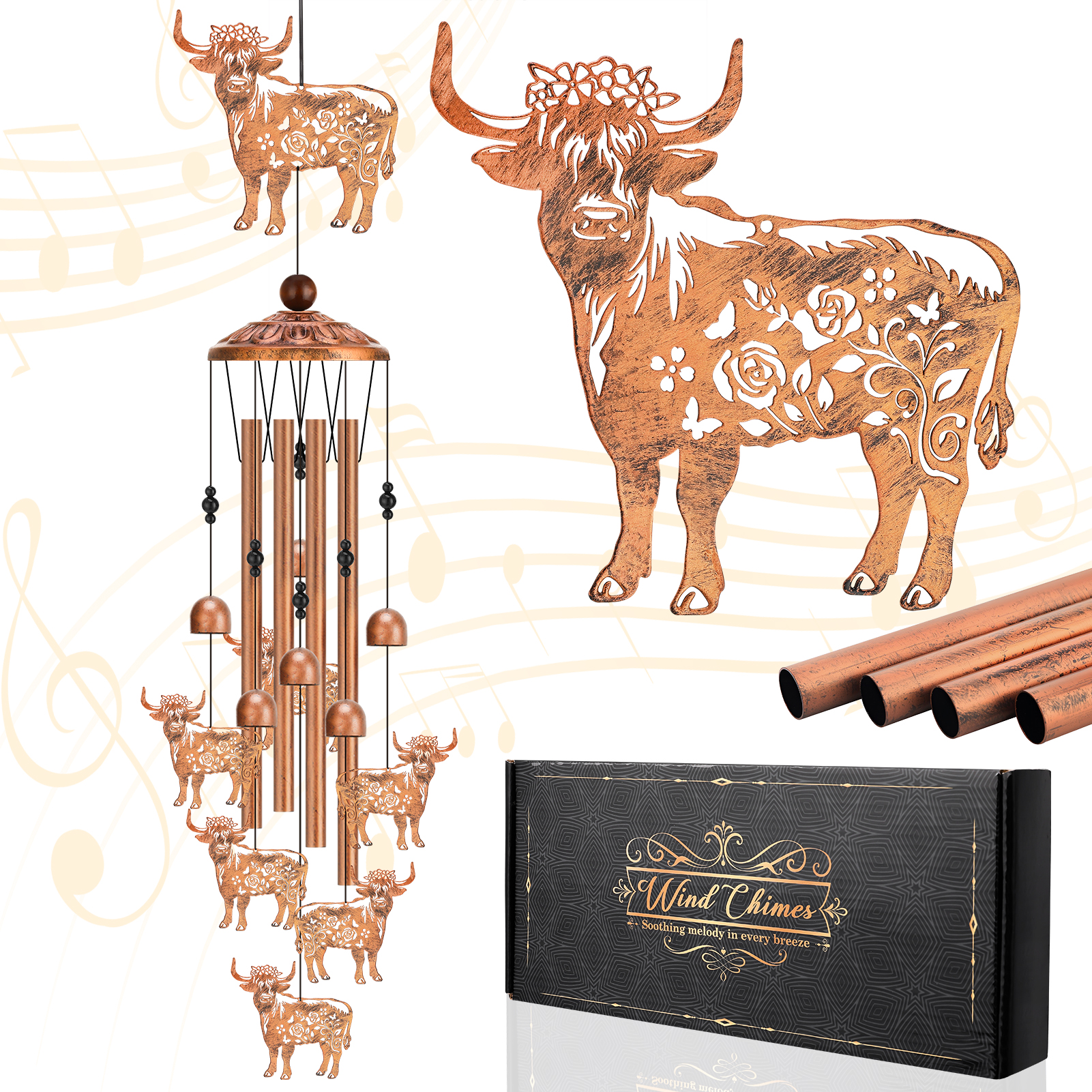topjuju 36 In Highland Cow Wind Chimes,Best Highland Cow Gifts for Mom Grandma Friends,Metal Wind Chimes for Outside,Memorial Sympathy Windchimes,Outdoor Cow Decor for Garden Patio Yard Porch