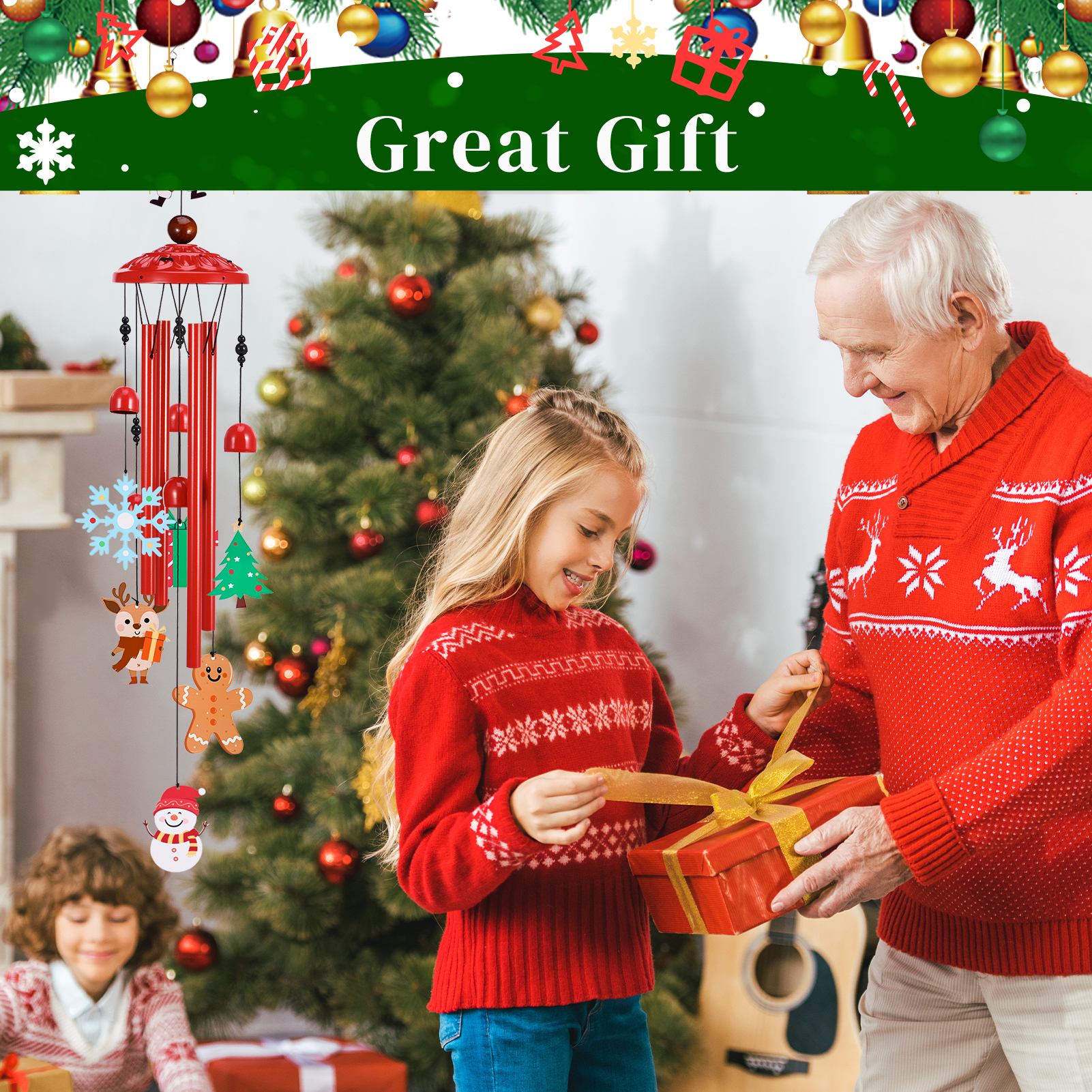 topjuju 36 Inch Christmas Wind Chime, Outdoor Christmas Decorations Windchime, Metal Wind Chimes for Outside for Garden Patio Yard Porch, Best Christmas Gifts for Mom Grandma Friends