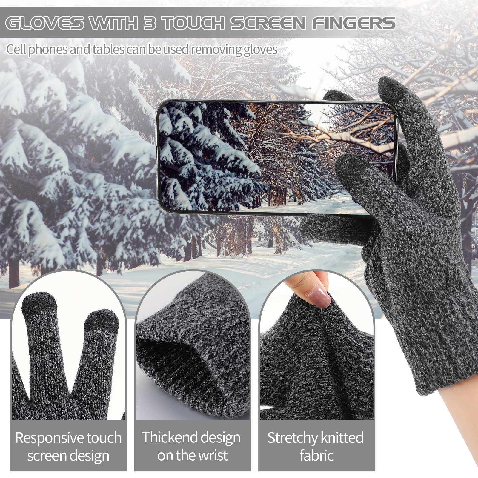 Bocaoying 3 in 1 Set Winter Hat Scarf Gloves, Unisex Winter Set for Men and Women with Touch Screen Gloves, Warm Lined Beanie, Soft Flexible Scarf, Ideal Scarf Set for Holiday, Birthday Gift, Grey