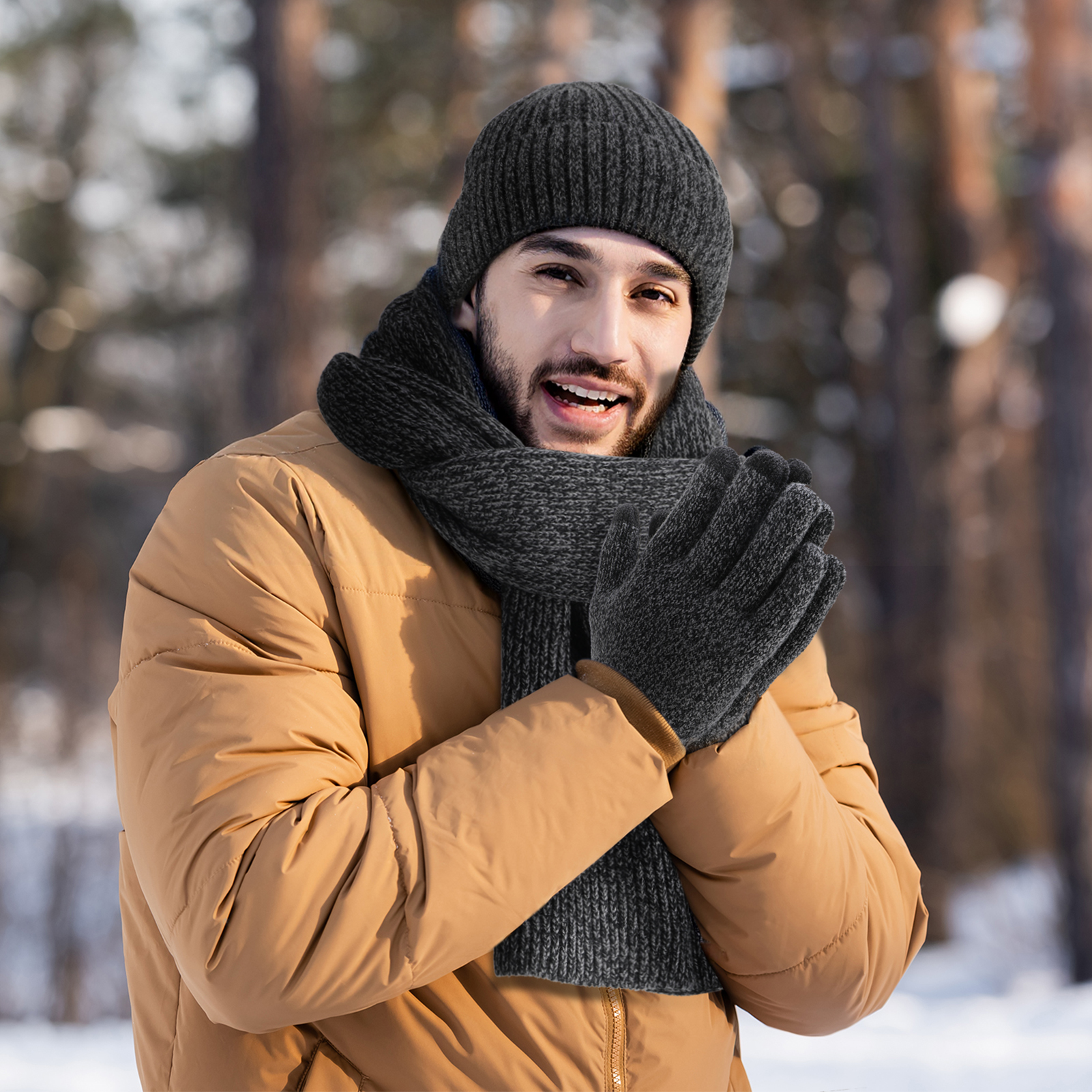 Bocaoying 3 in 1 Set Winter Hat Scarf Gloves, Unisex Winter Set for Men and Women with Touch Screen Gloves, Warm Lined Beanie, Soft Flexible Scarf, Ideal Scarf Set for Holiday, Birthday Gift, Grey